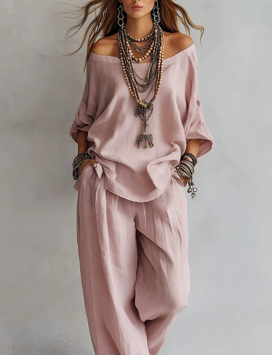Women’s 2 Piece Loungewear Set Off Shoulder Top with Wide Leg Trousers