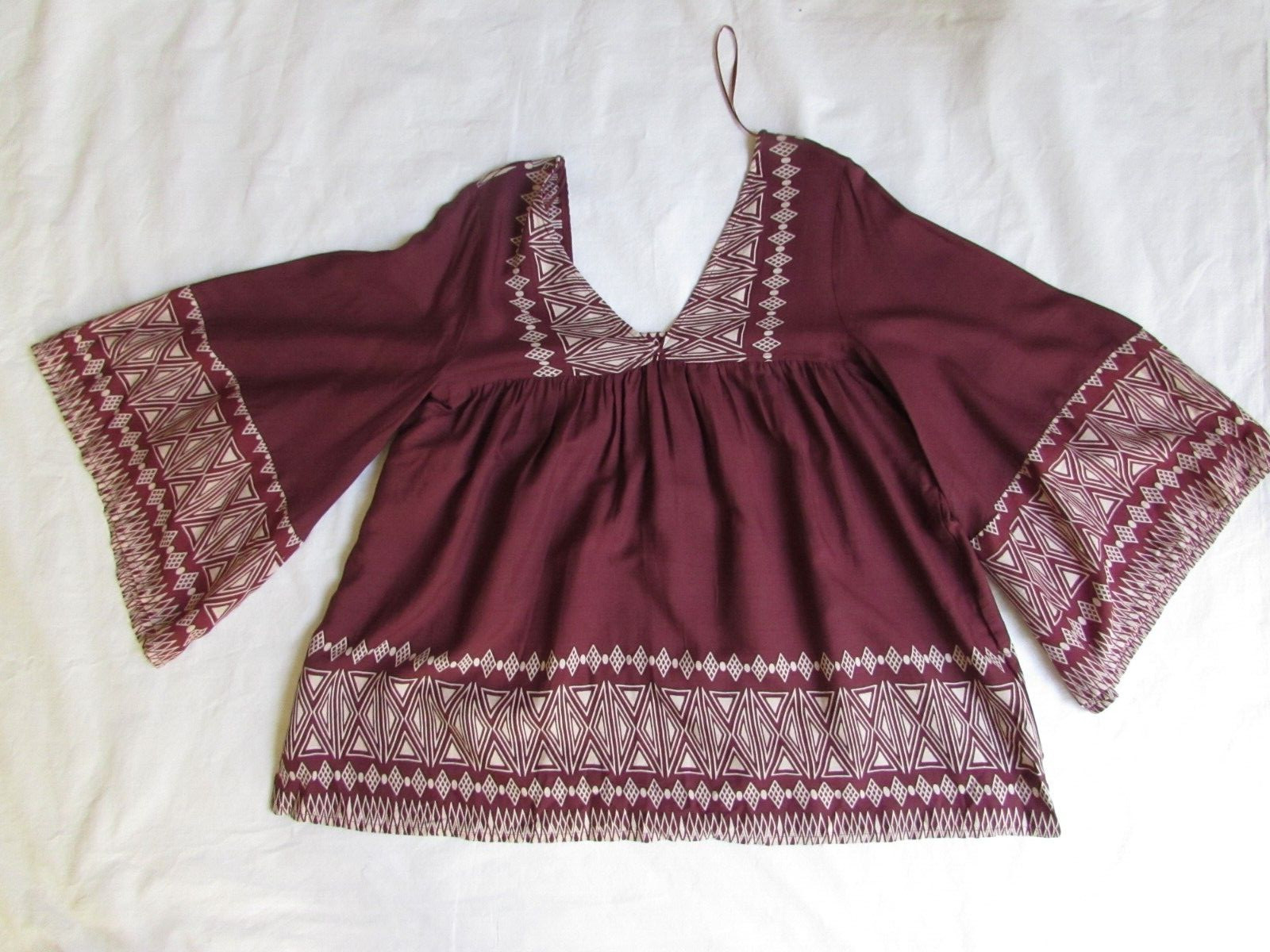 World Market Women’s Top Blouse Kimono Tunic Boho Rayon Print Maroon Size S/M