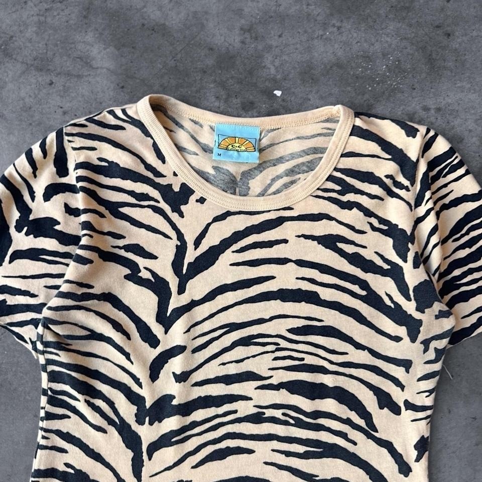 Vintage 90s Tiger Print Babydoll Tee Womens Black Tan Medium