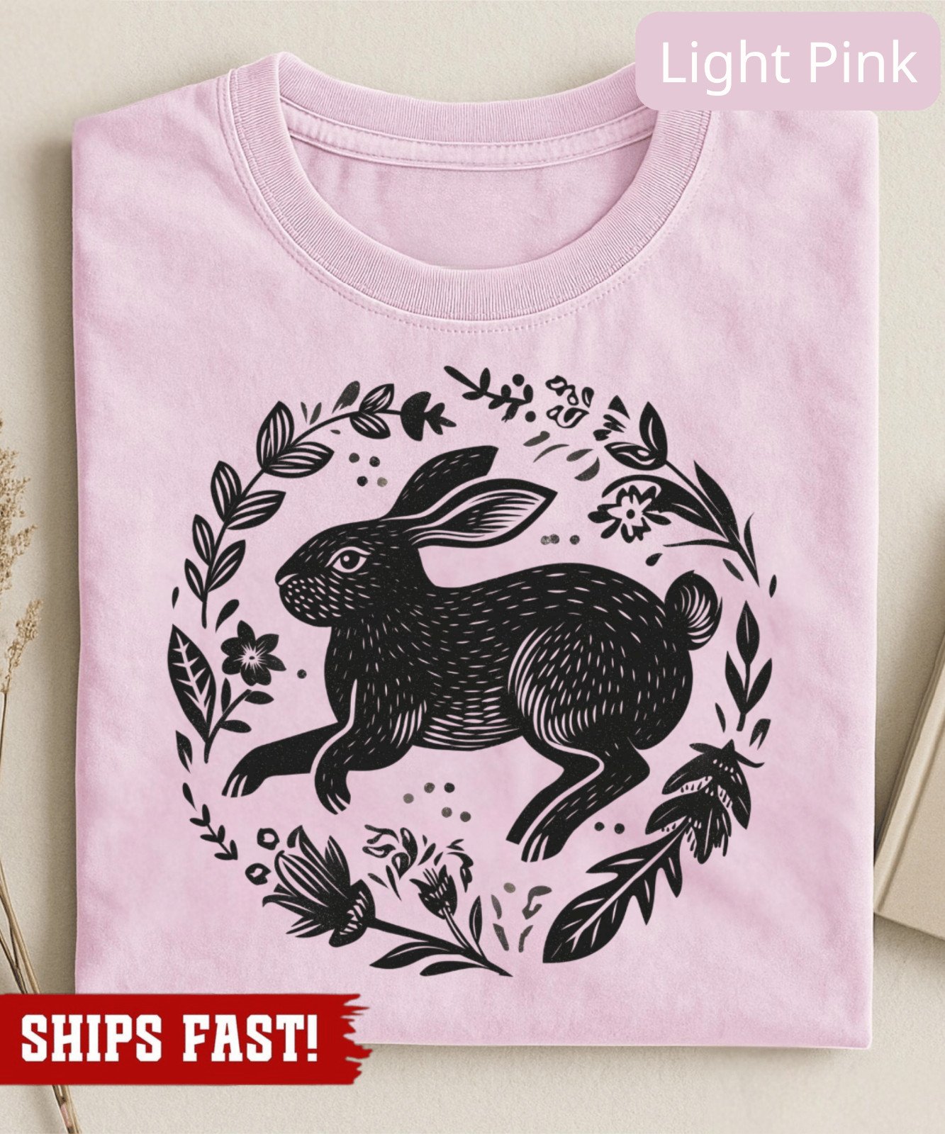 Black Rabbit Folk Art Shirt, Nordic Floral Print, Cottagecore Woodland Style Tee