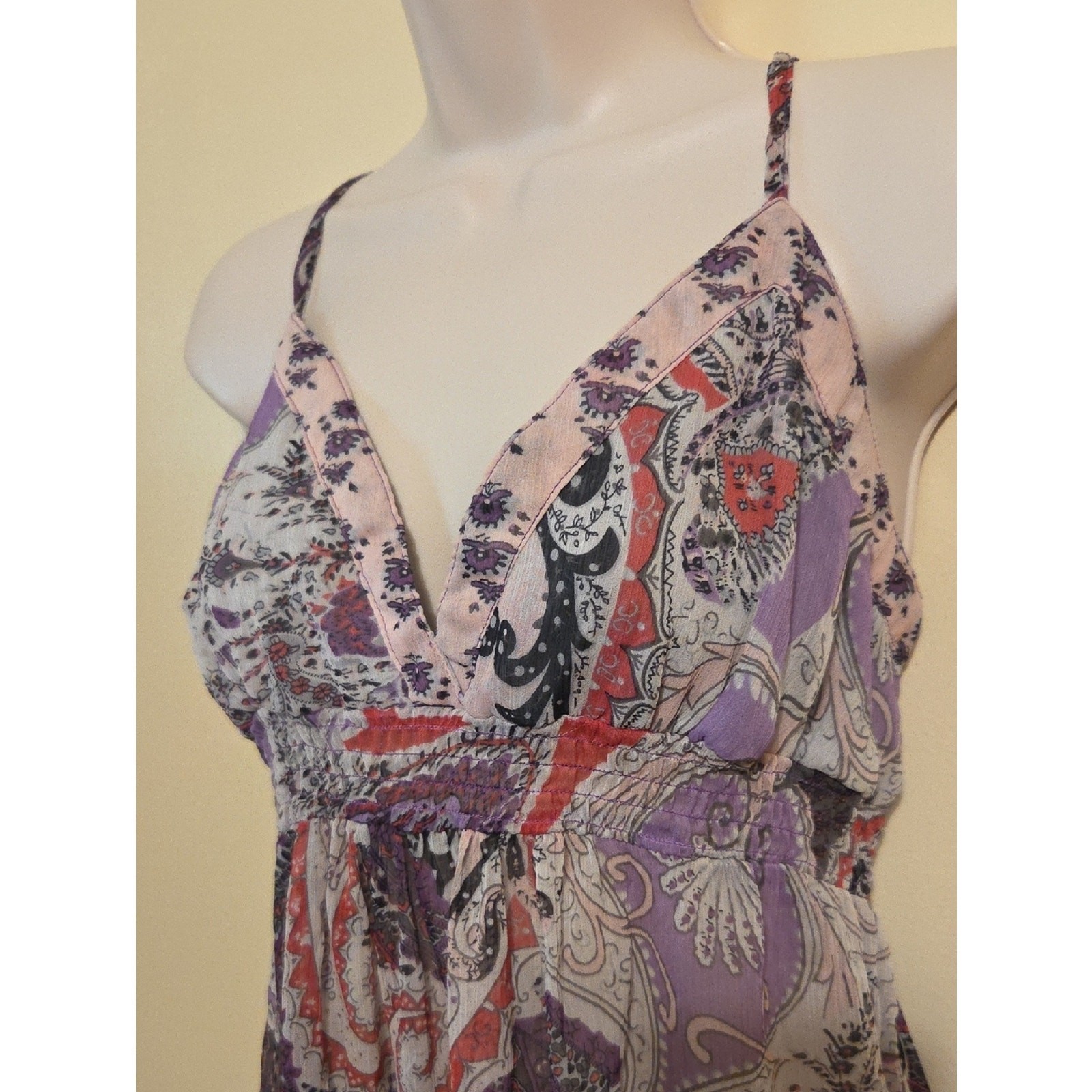 Y2K 90s Wet Seal Purple Paisley Smocked Babydoll Sheer Chiffon Lace Tank Top XL