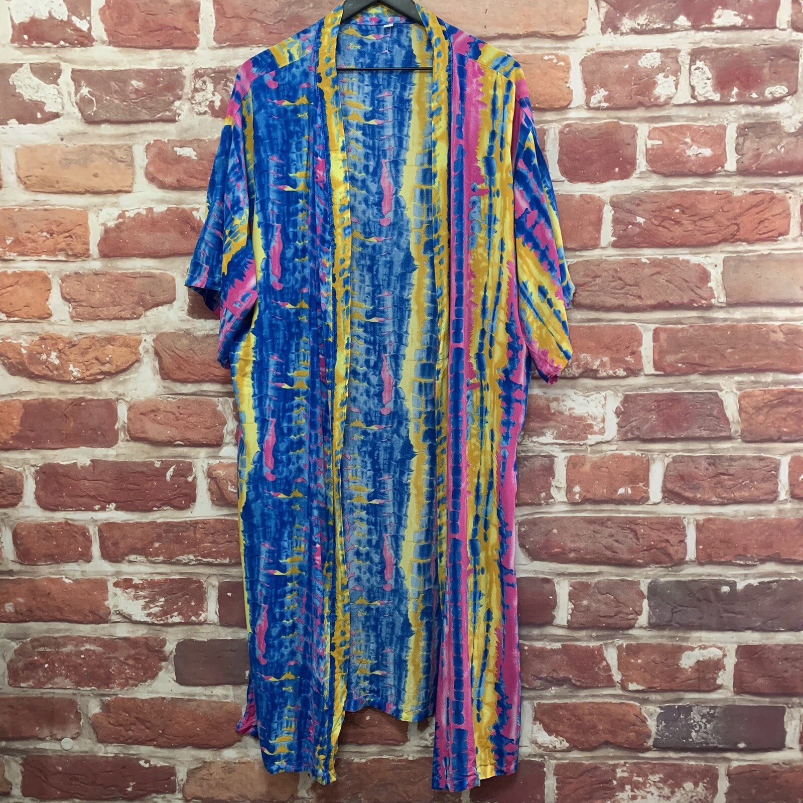 Tie Dye Boho Duster Top Womens One Size Multicolor Thigh High Side Splits