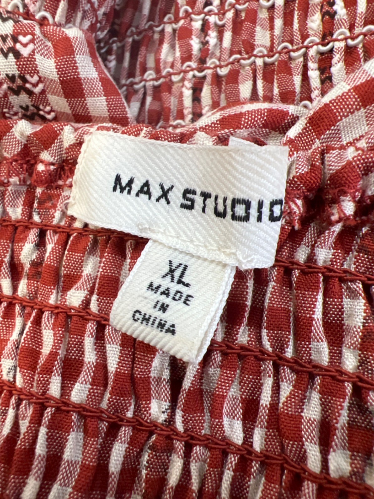 Max Studio Women’s Red Plaid Smocked Ruffle Trim Elbow Sleeve Blouse – XL