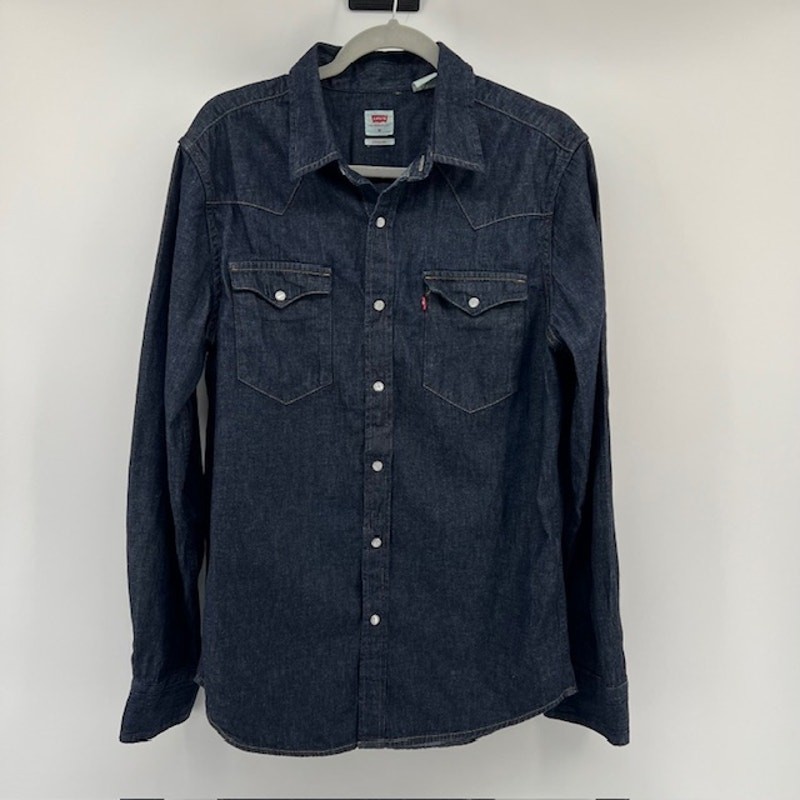 Levi’s Denim Chambray Pearl Snap Shirt Womens M Dark Wash Western Cowgirl Boho