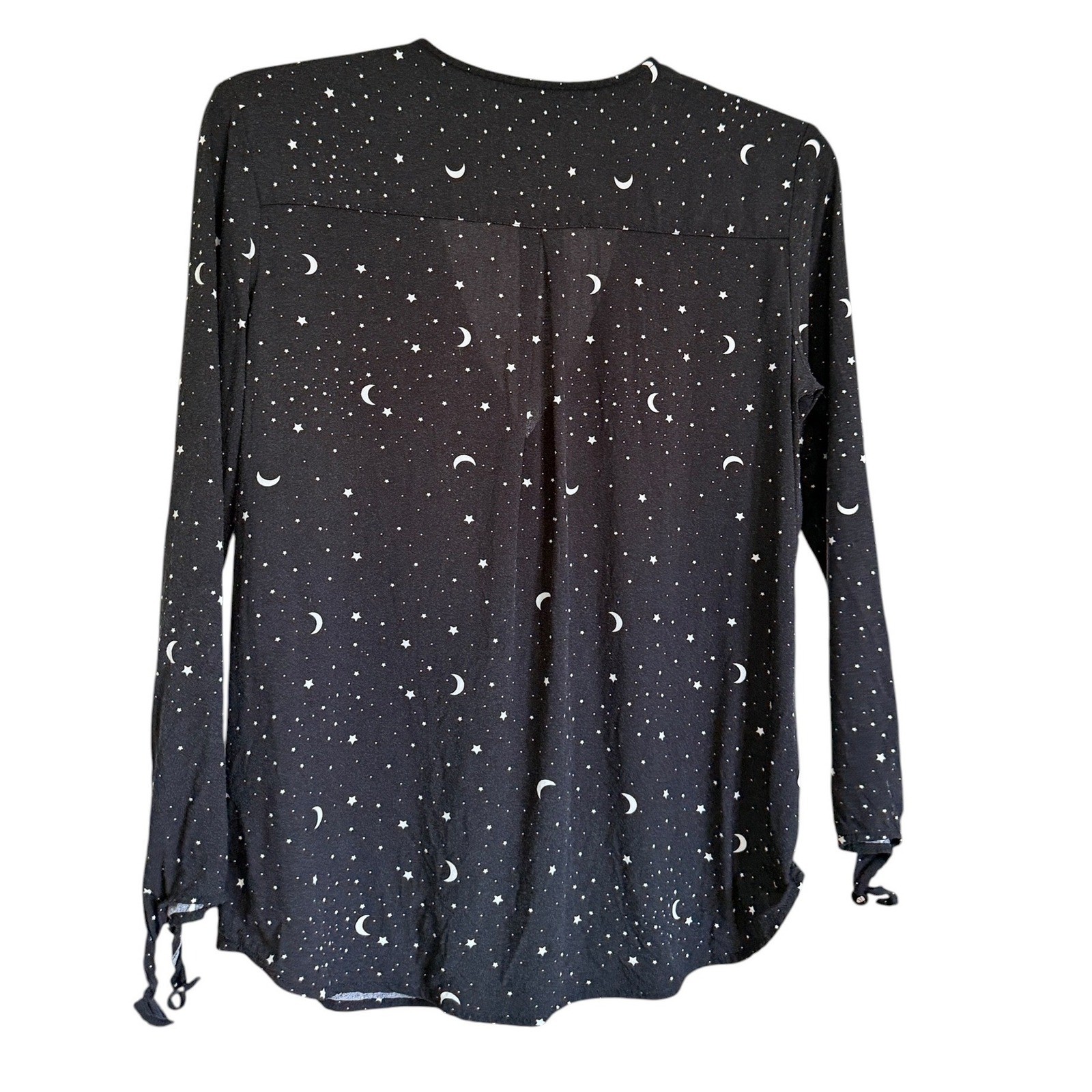 dip Womens Celestial Moon Stars Button Down Blouse Black White Sz S Tie Sleeves