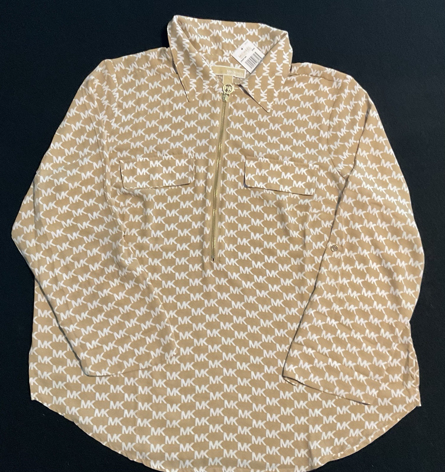Michael Kors Womens Plus Size 1X All Over Logo 1/2 Zip Blouse Khaki White NEW