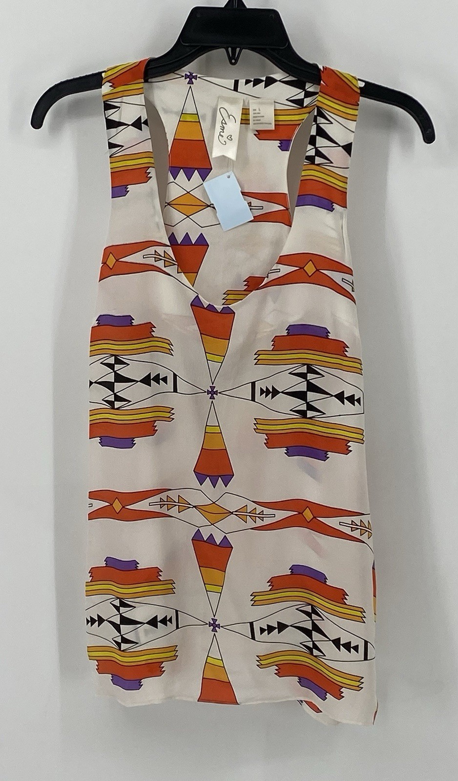Esme Preowned Women’s Silk Geometric Abstract Tribal Print Top Large Sleeveless