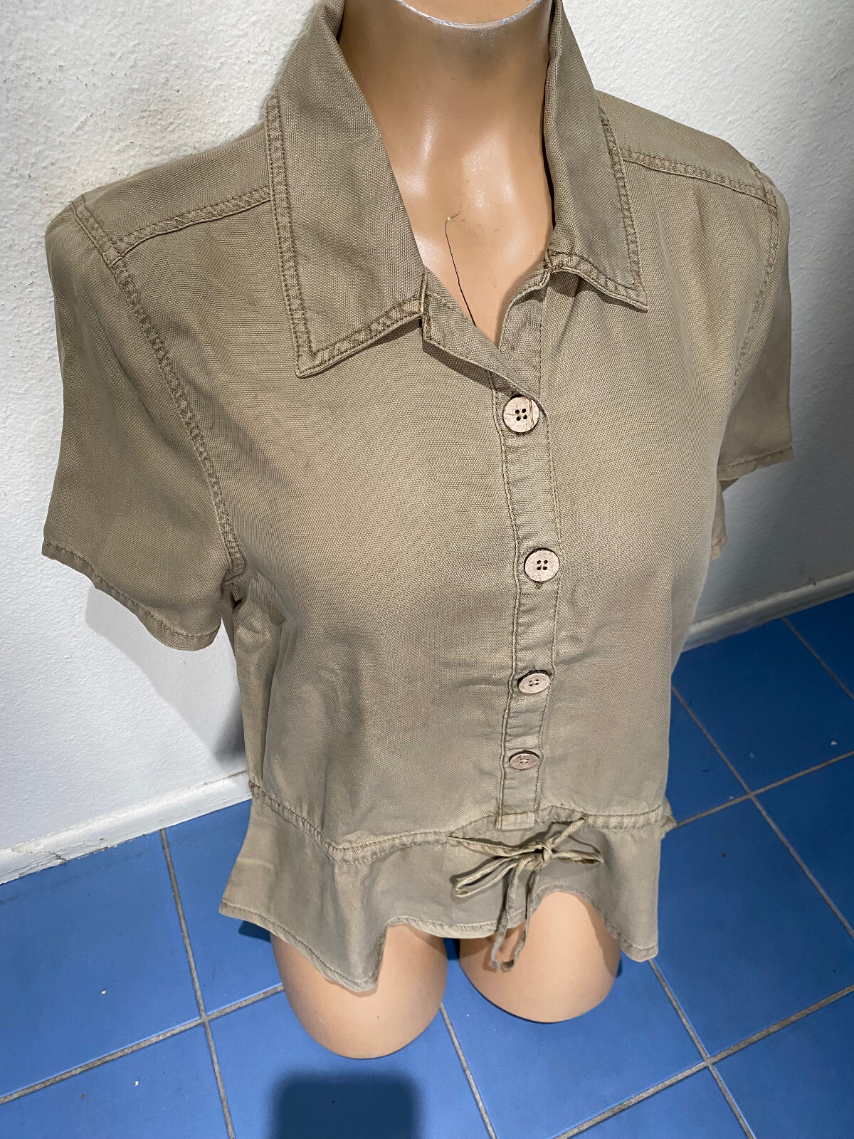 Oat New York Olive Brown Short Sleeve Tie Waist Button Shirt – Women’s Size S