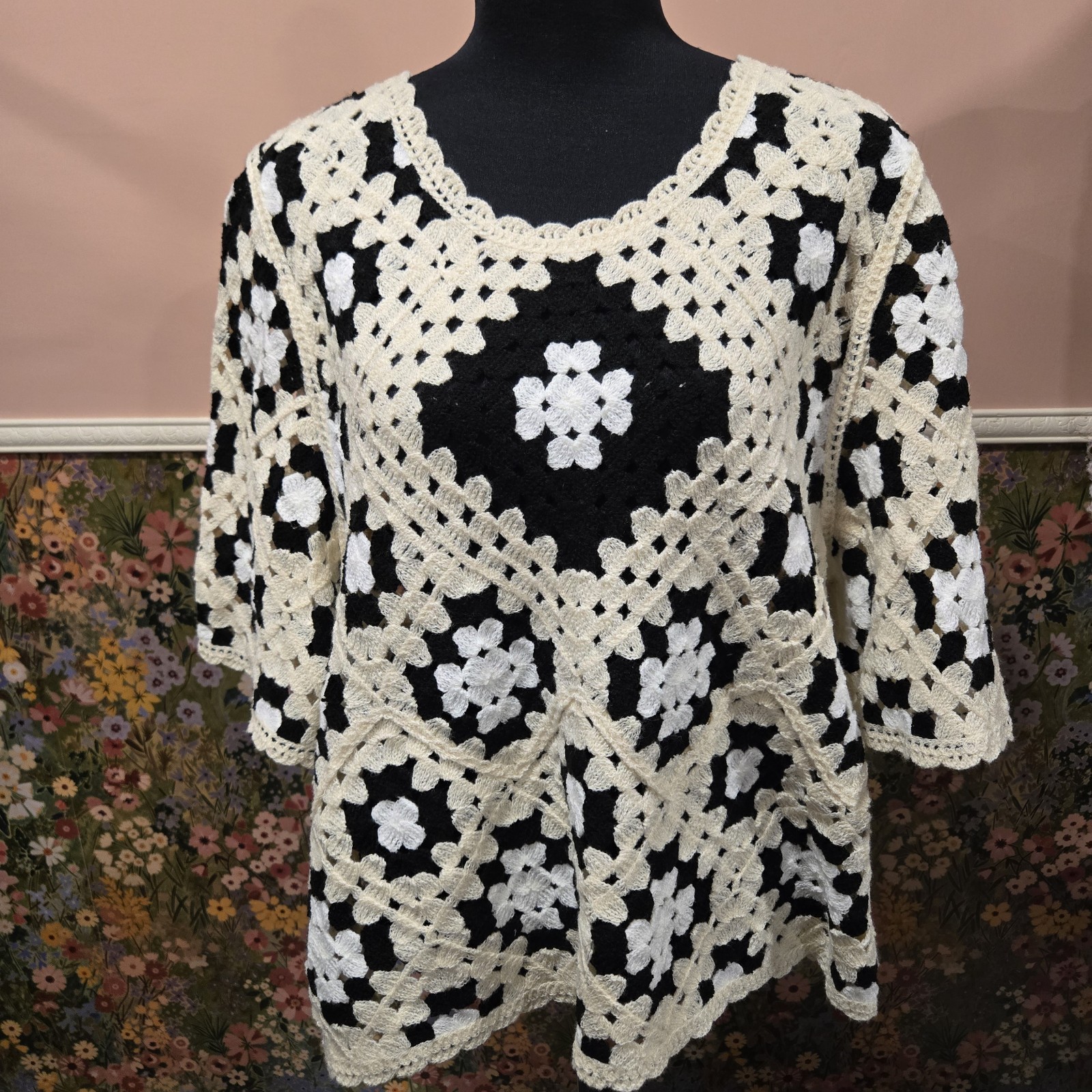 POL Crochet Granny Square Top Black Cream Oversized Boho Festival One Size NWT