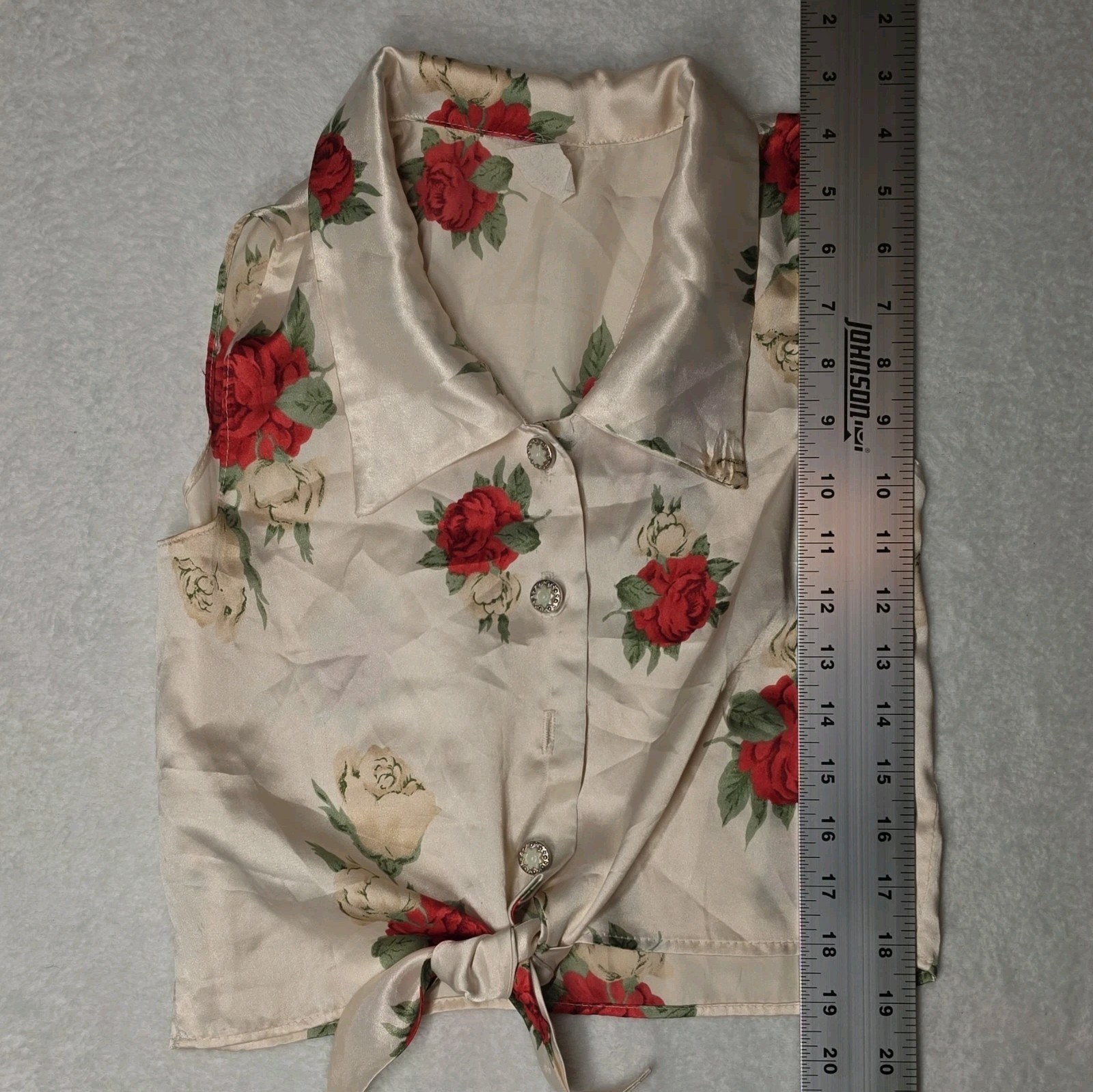 Women’s Beige Satin Silk Rose Floral Collared Button Front Tie Crop Top XS