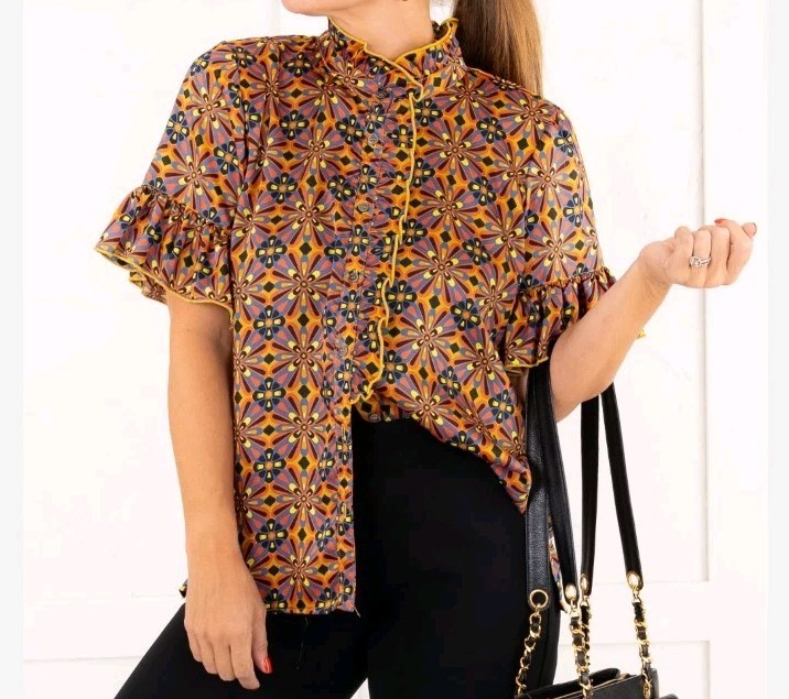 Ivy Jane Satin Top Size XL Ruffle Mock Neck & Front Colorful Artsy Womens Shirt