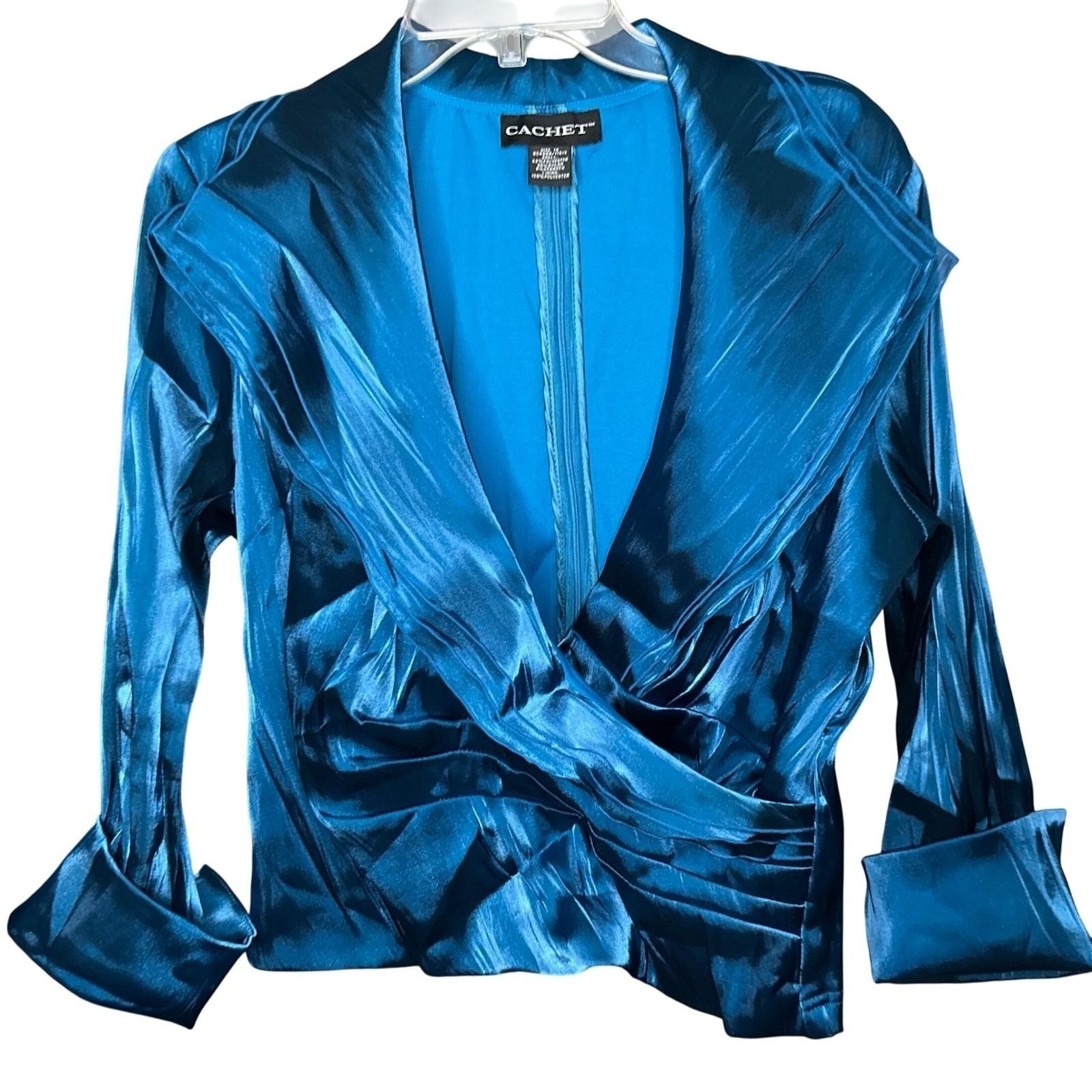 Cachet Blue Teal Satin Surplice Evening Blouse Ruched Waist 3/4 Sleeve Size 14