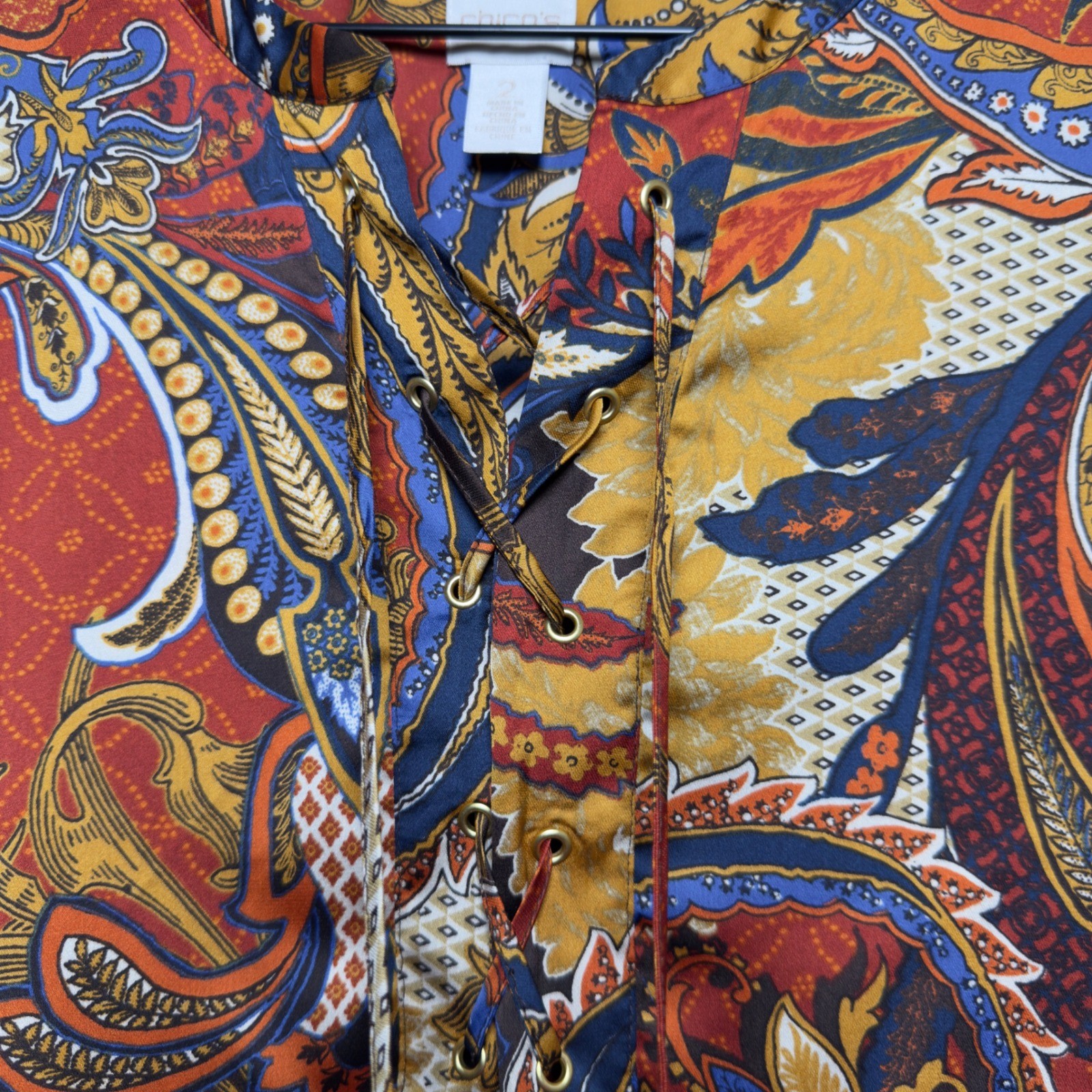 Chico’s Women Tunic Top Large Multicolor Paisley Lace Up Asymmetrical Lagenlook