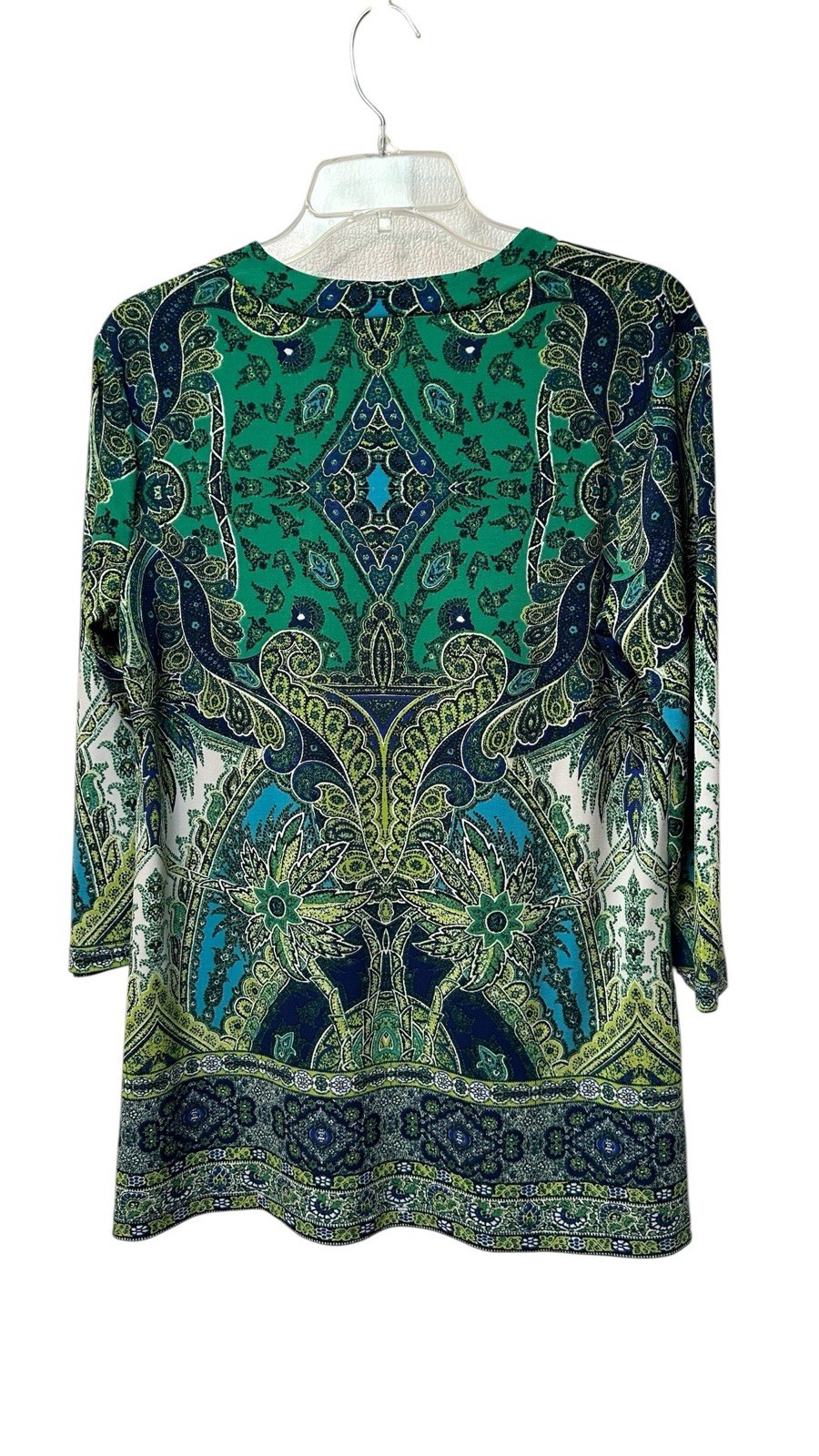 Susan Graver Floral Tunic Blouse Womens Small Green & Blue 3/4 Sleeves Summer