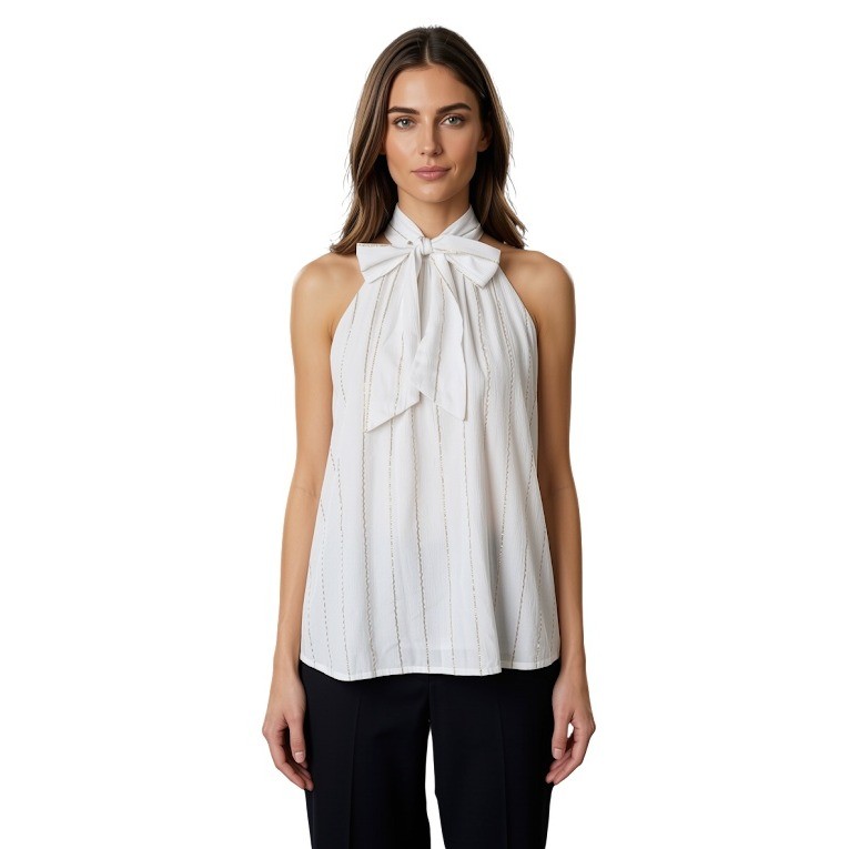 LOFT Womens White Gold Metallic Stripe Halter Bow Neck Top 757149 Size S NEW
