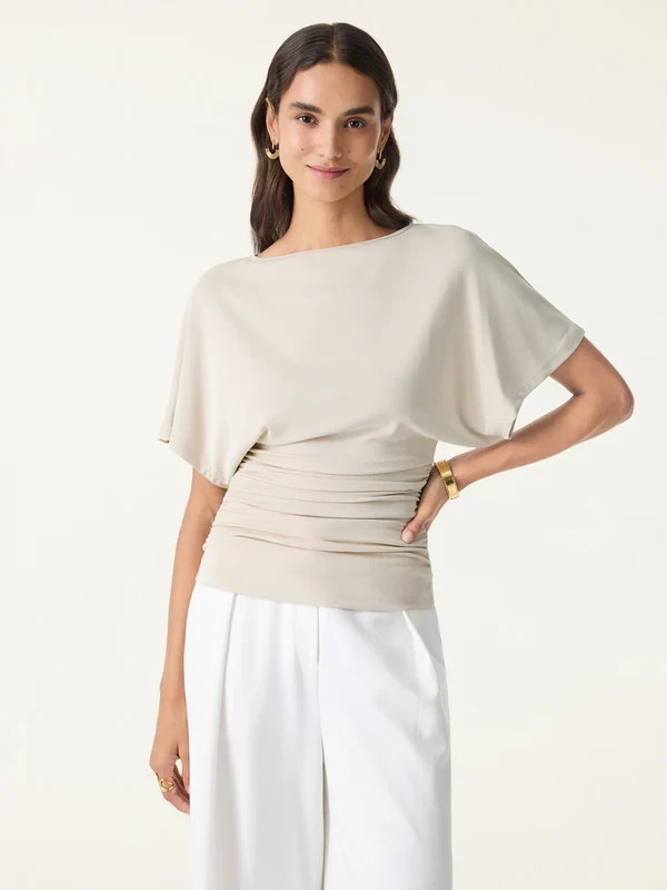 Women’s Boat Neck Batwing Sleeve Side Ruched Stretch Blouse Top, Beige, Freeship
