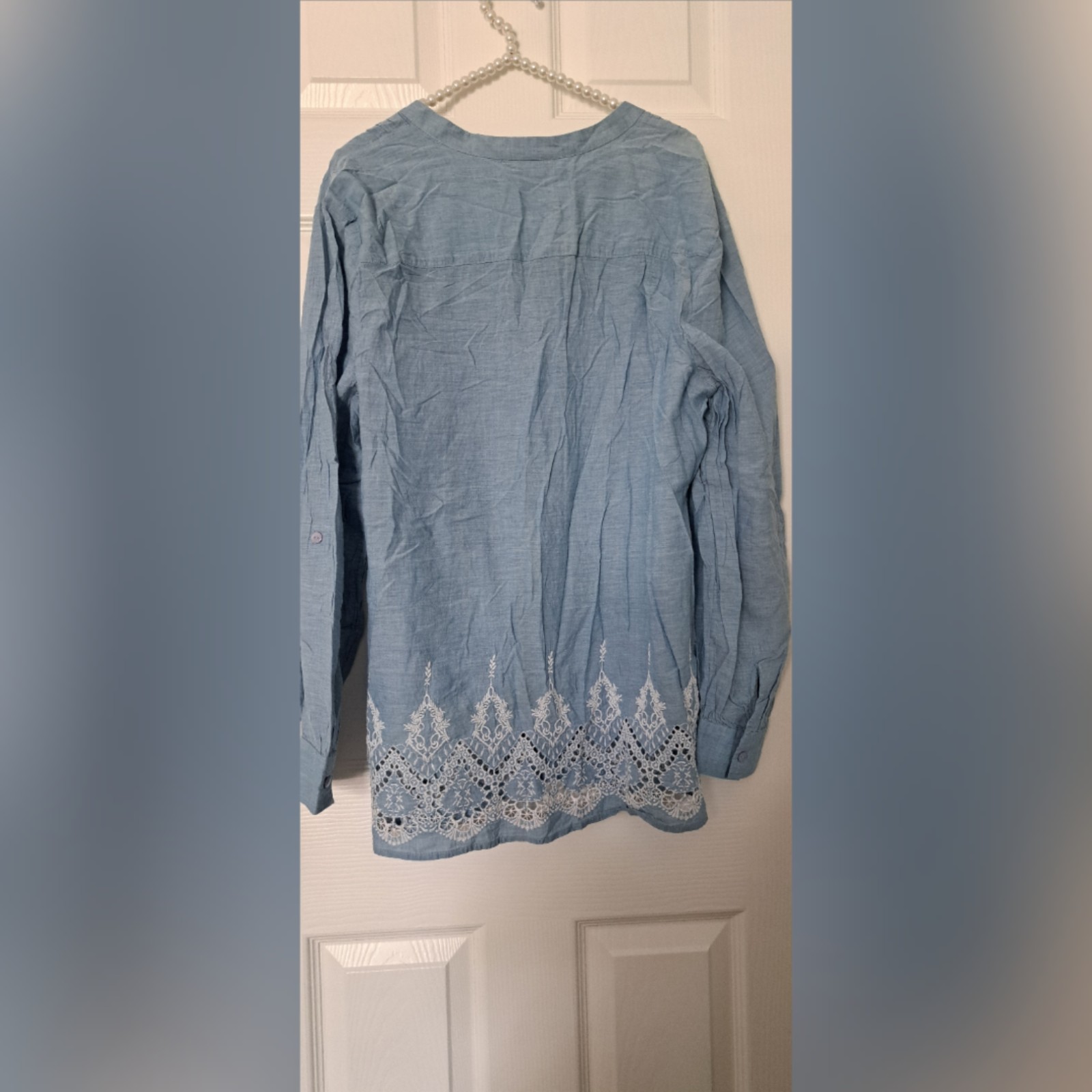 Style & Co Light Blue Embroidered Hem Popover Top Blouse Cotton Size XL
