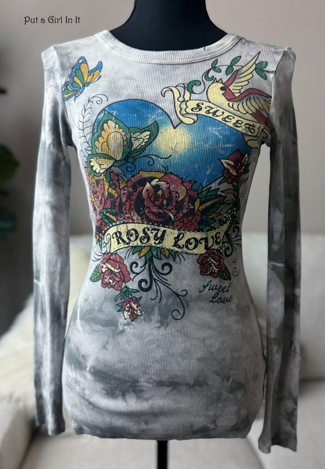 USA New VOCAL Womens CRYSTAL GRAY TIE DYE ROSES BUTTERFLY WINGS SHIRT S Small