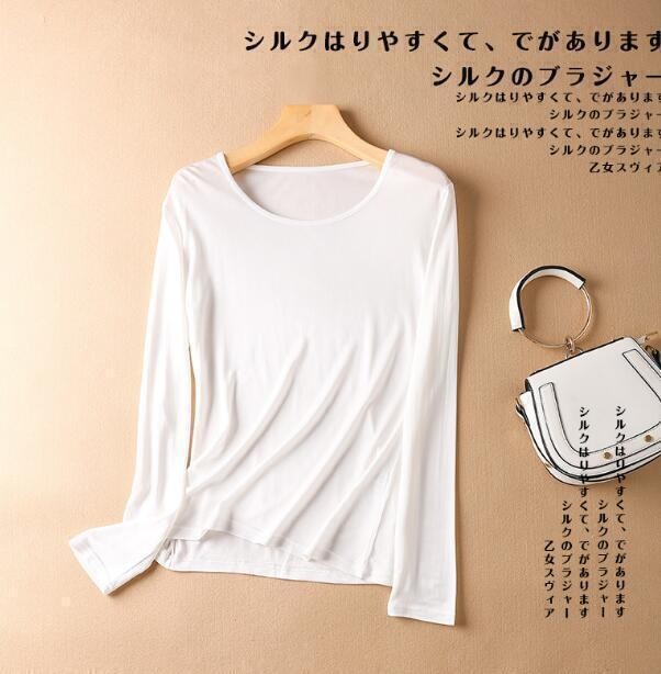 Womens Mulberry Silk Blend Shirt Knitted Round Neck Undershirt Long Sleeve Tops