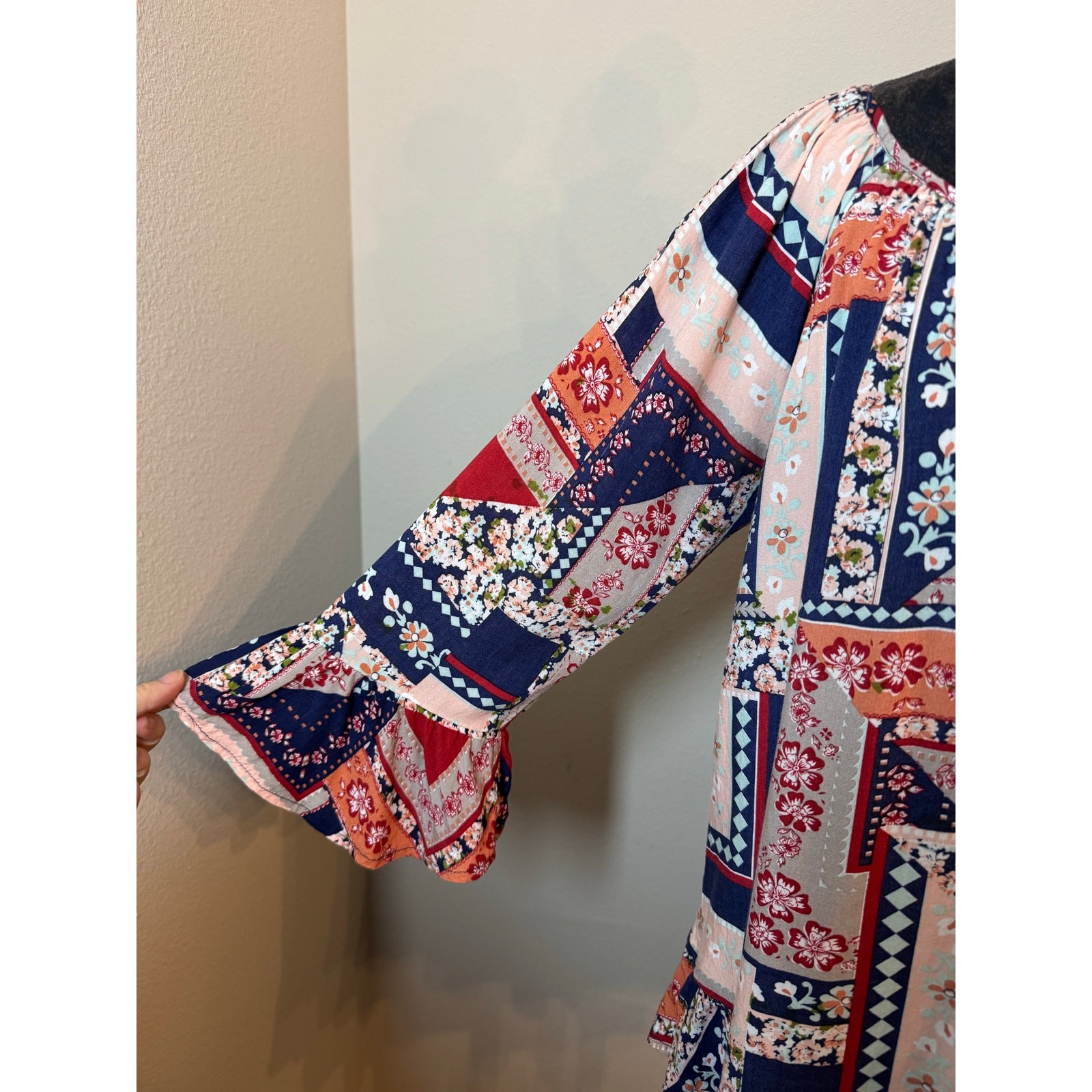 Aura Blue Peasant Patchwork Boho Top Flowy with Ruffle Sleeves Size Small