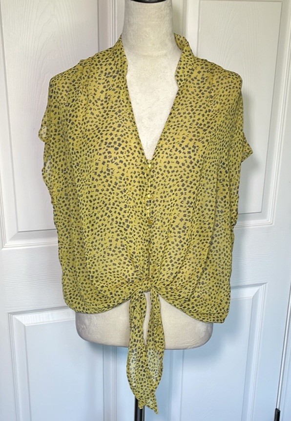 Ovi Sheer Yellow & Black Sleeveless Blouse with Tie at Bottom Front Size Large