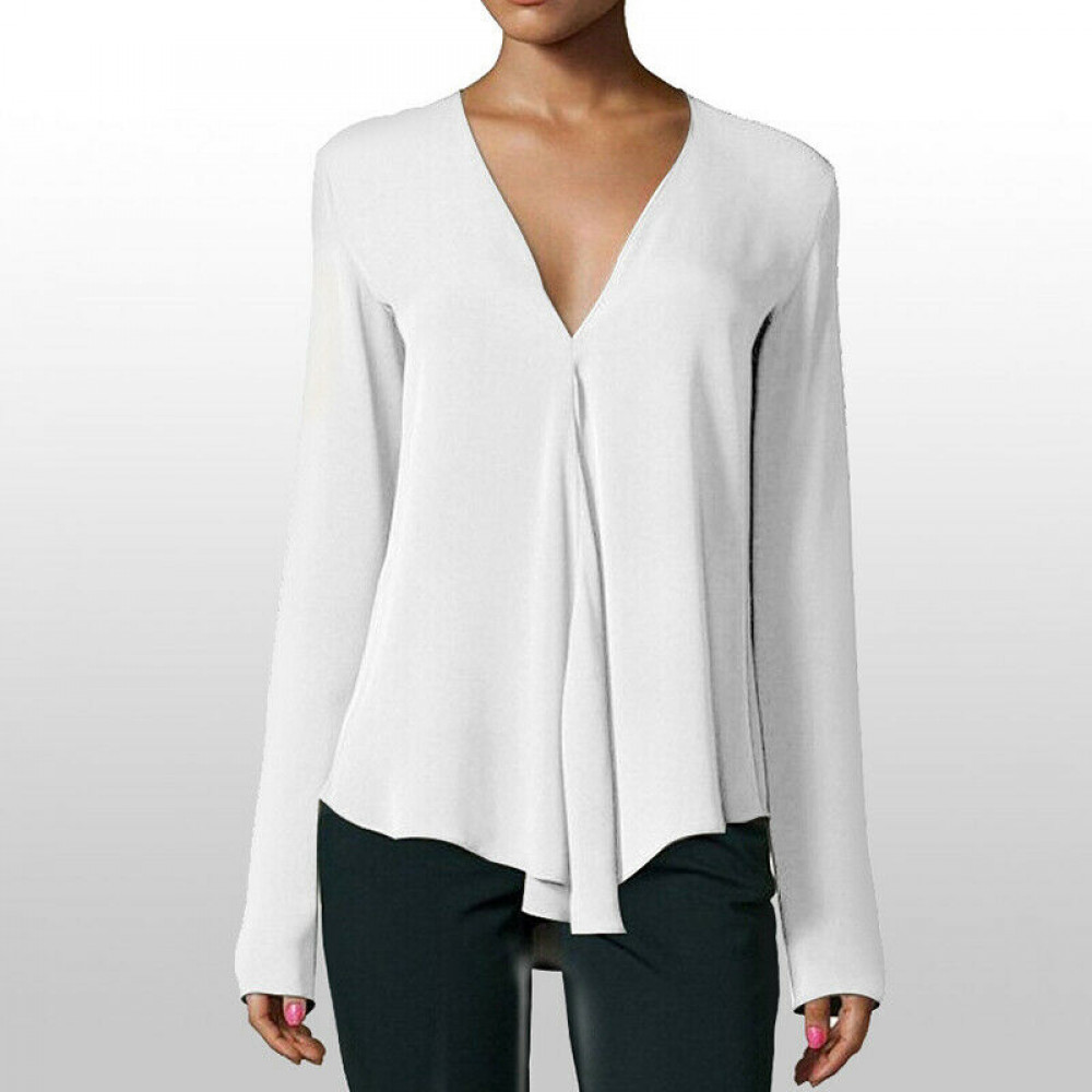 Women Tops V-Neck Blouse Fashion Chiffon Long Sleeve Tunic Casual Shirt Plus Siz
