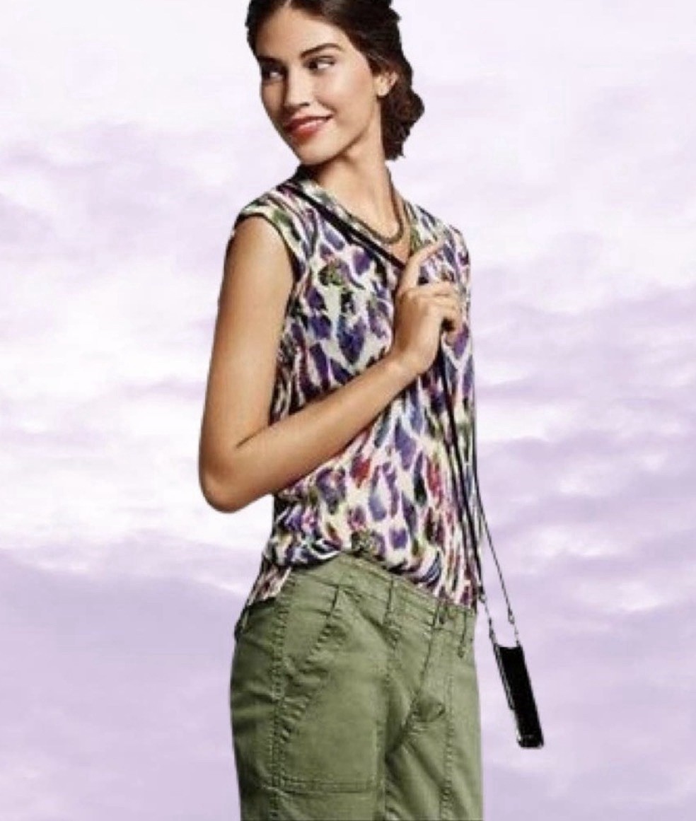 CAbi Cap Sleeve Plume Feather Blouse Size Small Purple Blue Green V Neck Top