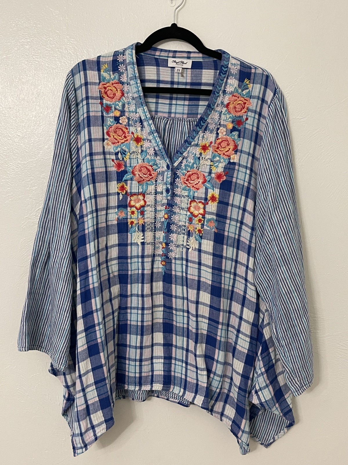 Angel Heart Boutique Embroidered Top Plaid Boho, Vacation Laganlook 2XL