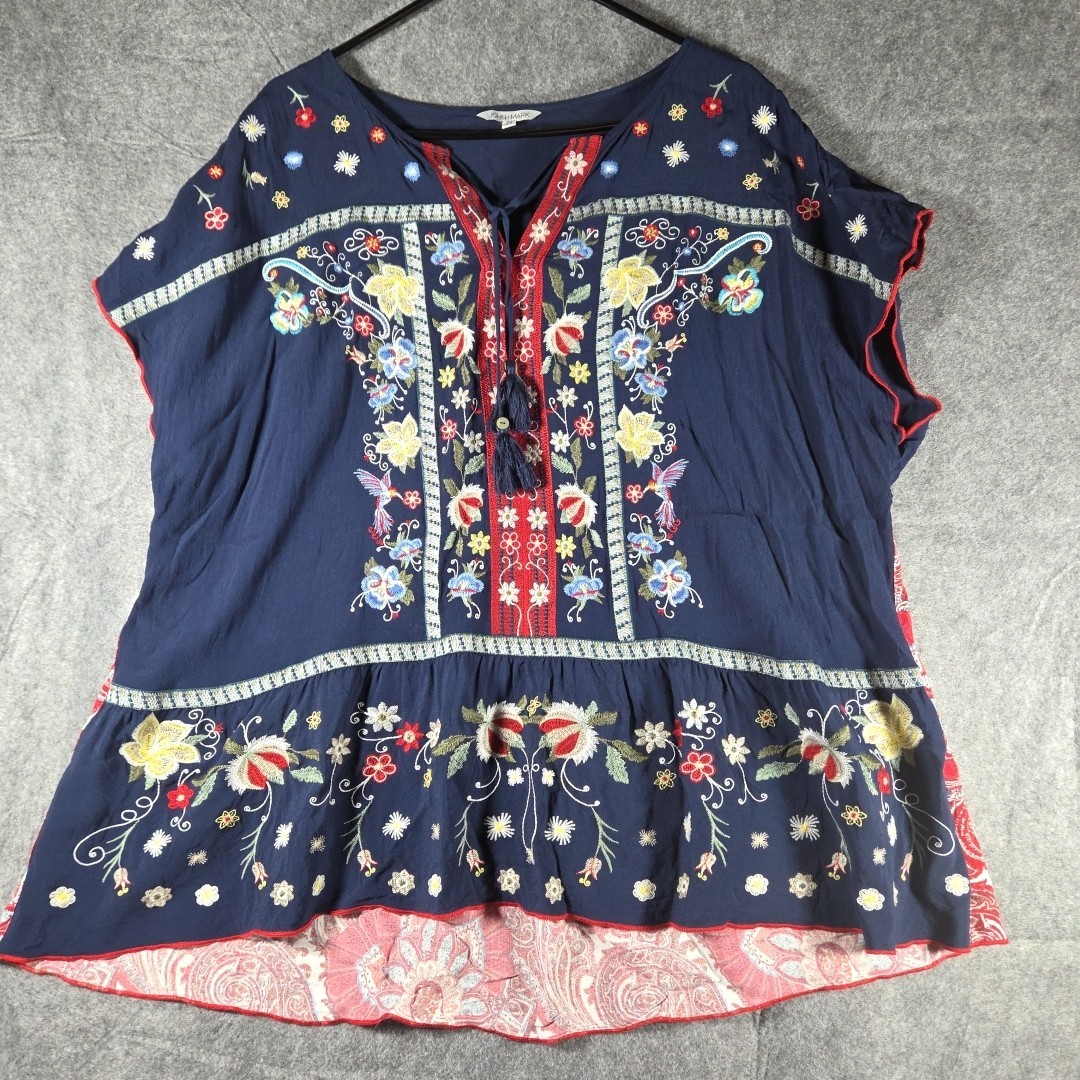 John Mark Tunic Top Women’s 2xl Blue Red Embroidered Flowers Tassels Unique
