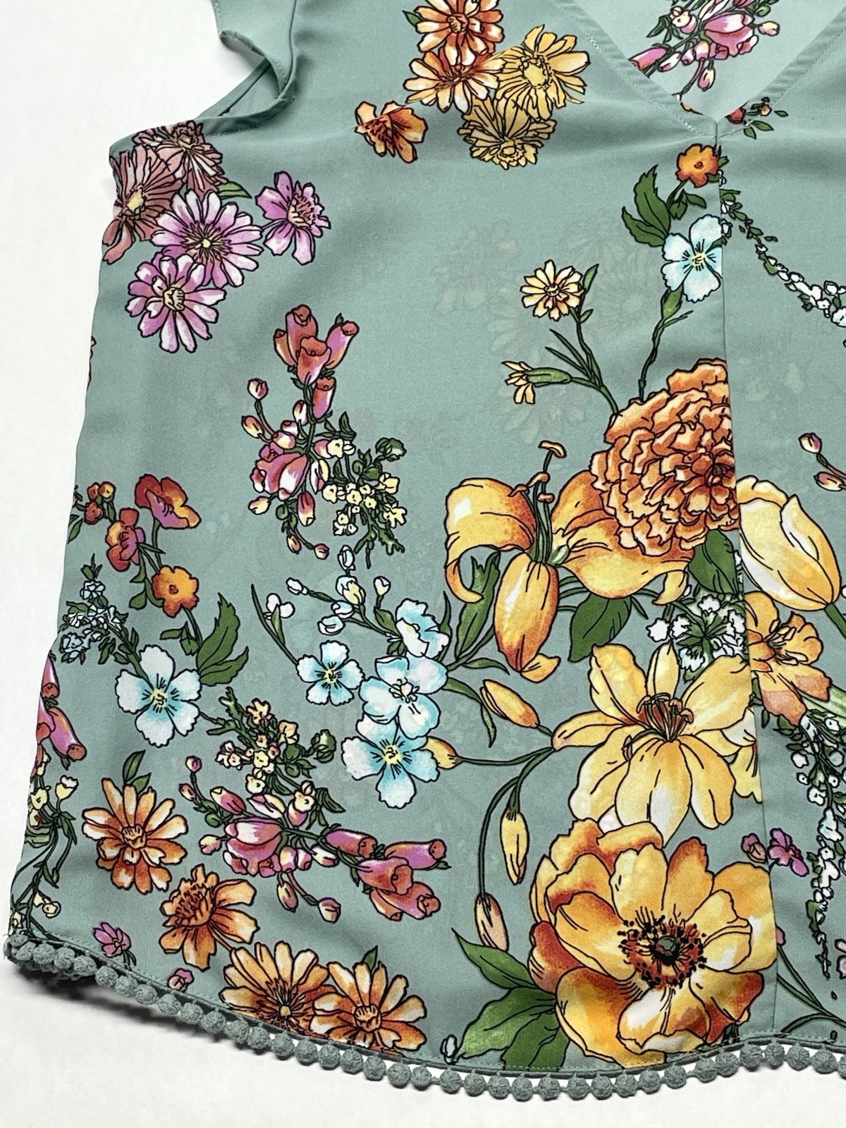 Blue Wildflower Floral Flutter Sleeve Tie Back Blouse XL Boho Cottagecore Dainty