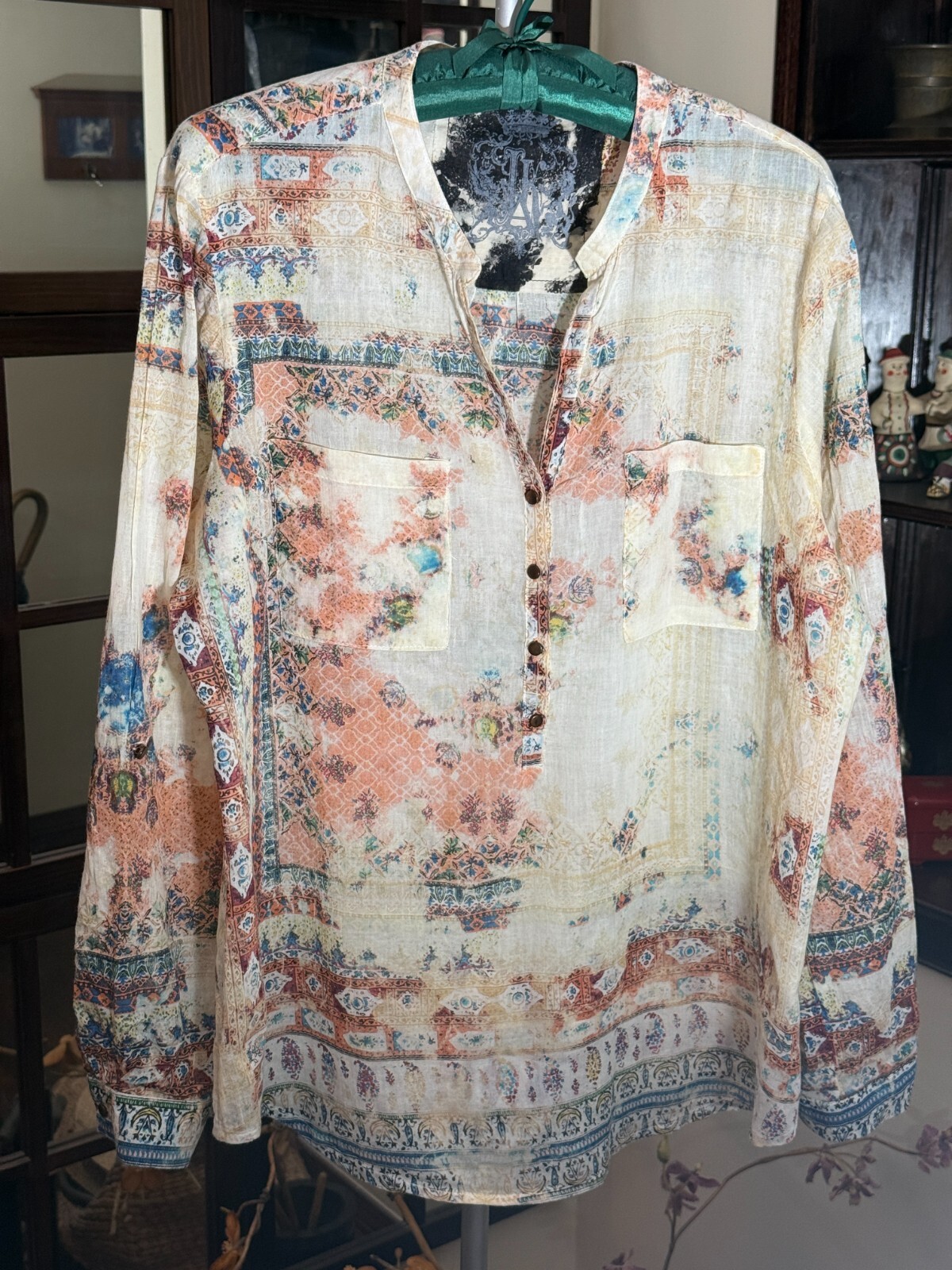 JAK BOHO HIPPIE 100% Tissue Cotton Roll Tab Sleeves Distressed Print Shirt Sz L