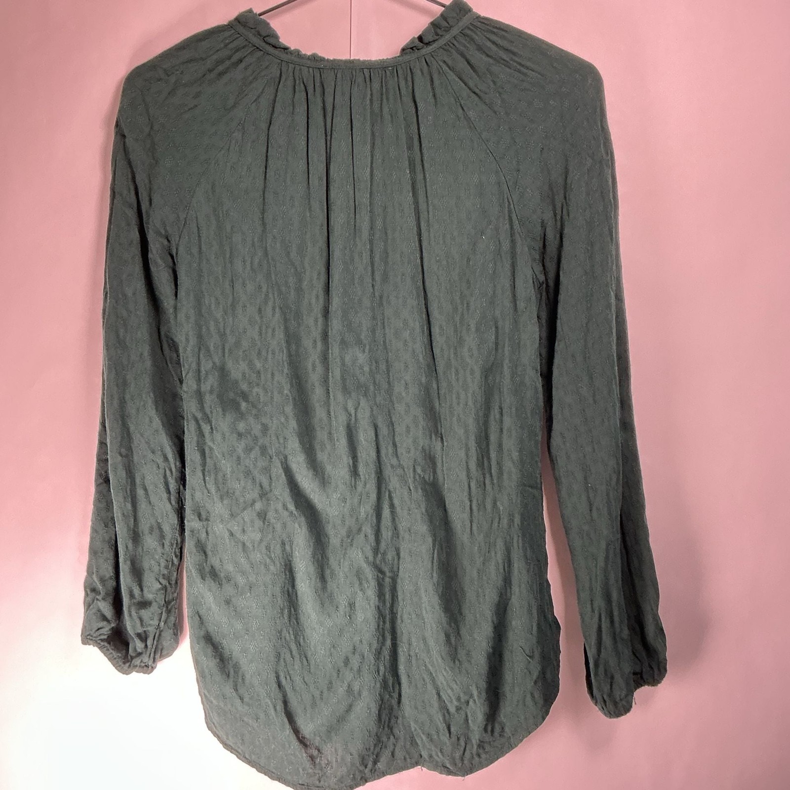 Pale Sky Hunter Green Long Sleeve Tie-Neck Peasant Blouse with Button Placket