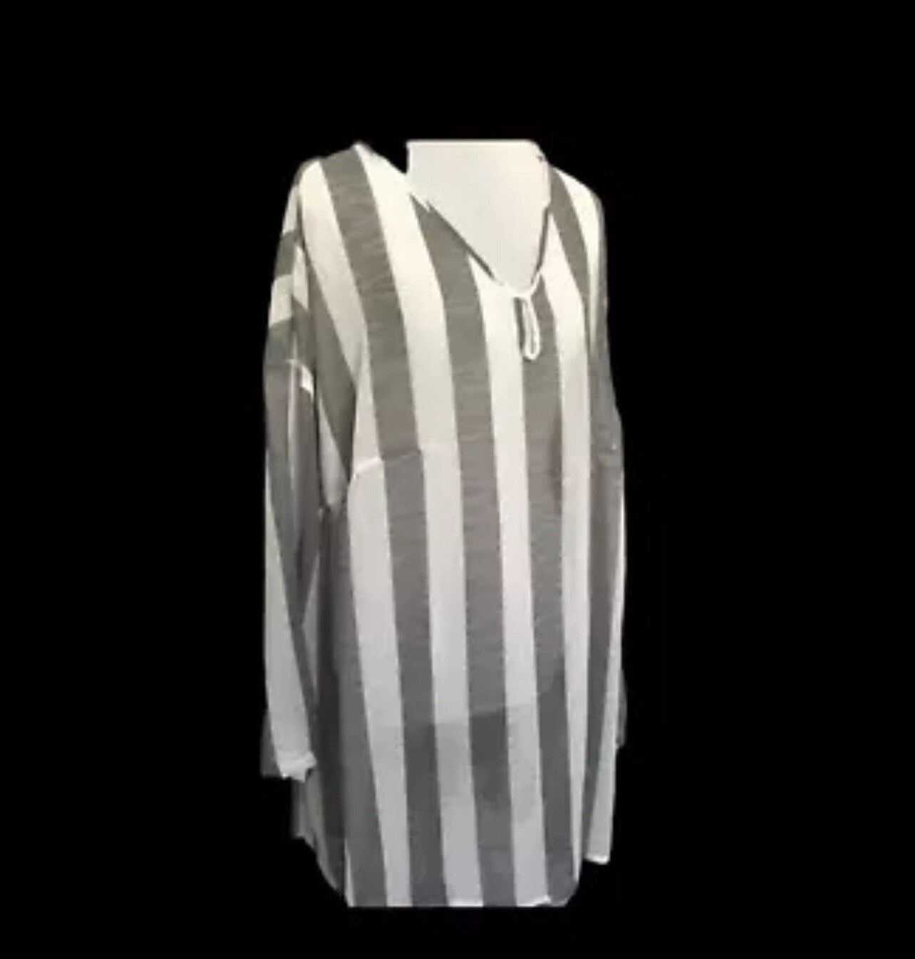Miss Look Grey White Stripe Blouse Lightweight Sheer Scoop Neck Size 2XL