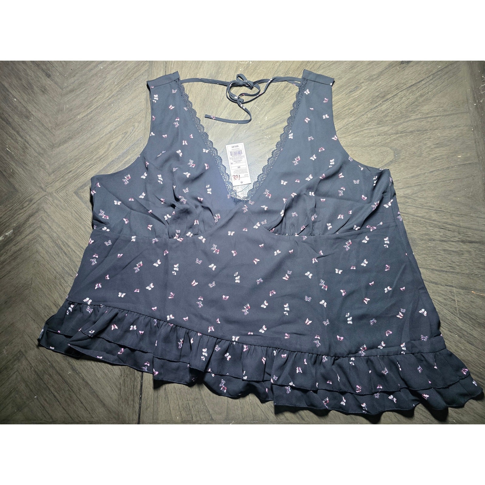Auden Butterfly Print Off Shoulder Tie Front Crop Top Black