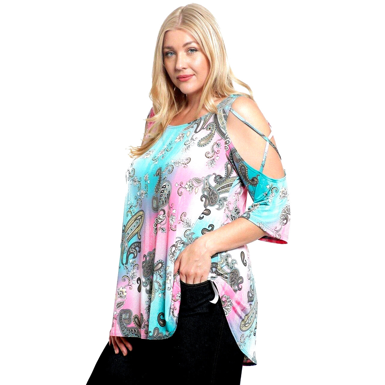 Voll Sexy BOHO PAISLEY TUNIC TOP PINK TURQUOISE FLORAL COLD SHOULDER S M L