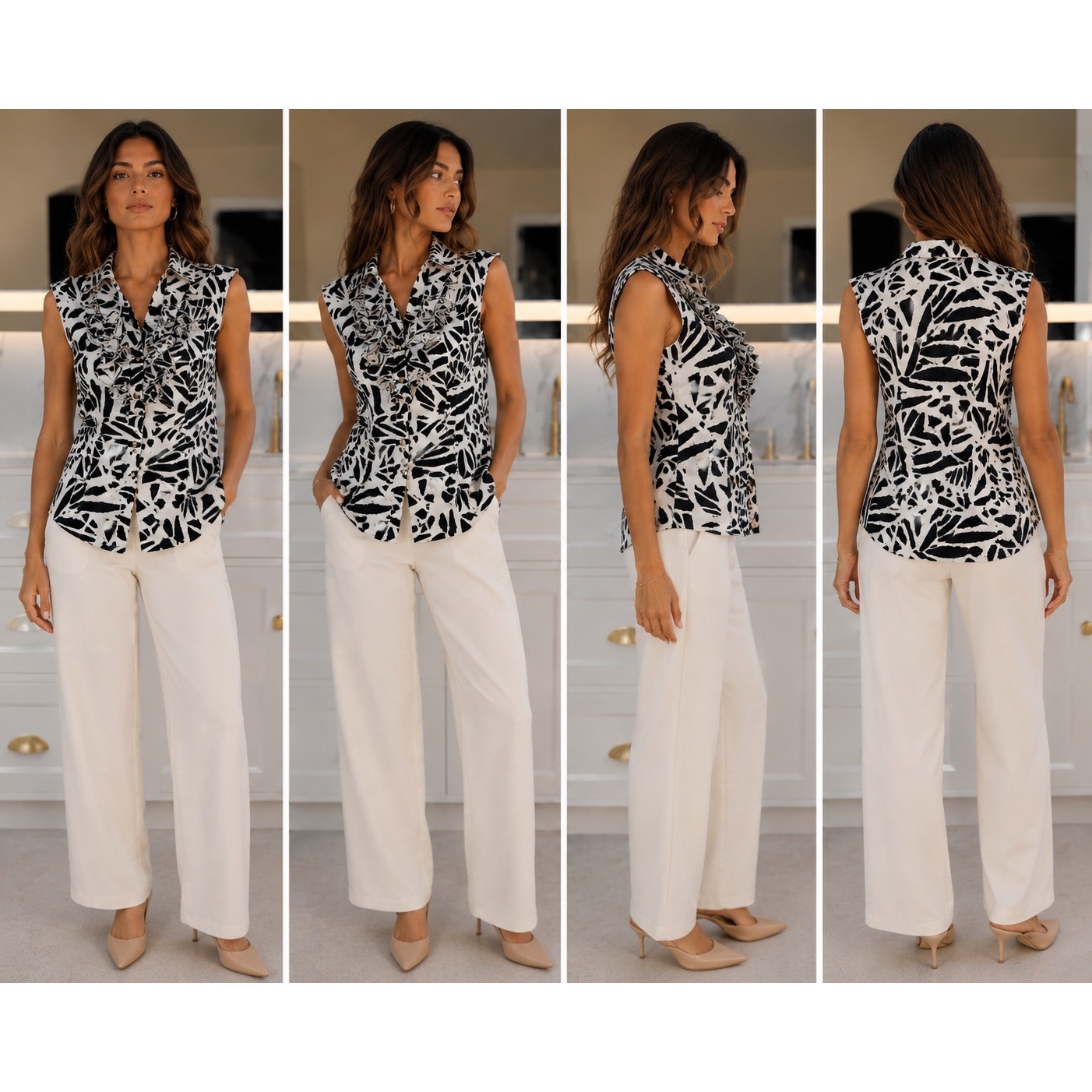 Alex Marie Ruffle Blouse Womens L Black White Abstract Sleeveless Button Front