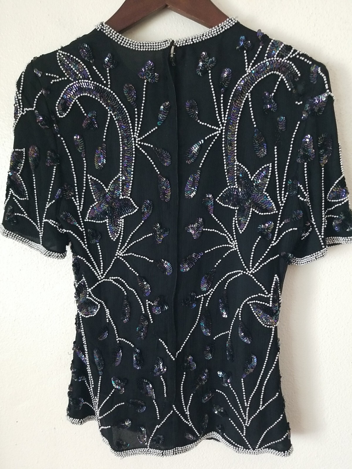 STENAY Women’s Short Sleeve Beaded w/ Sequins Black Silk Blouse Size S