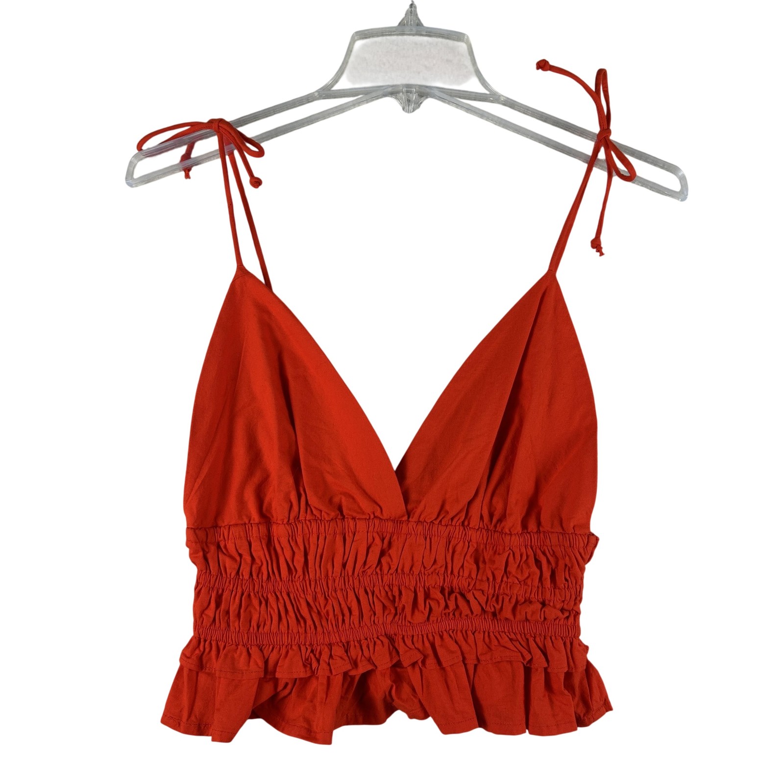Sim & Sam Tank Top Womens Small Red Smocked Cami Ruffle Tie Strap Crop Summer