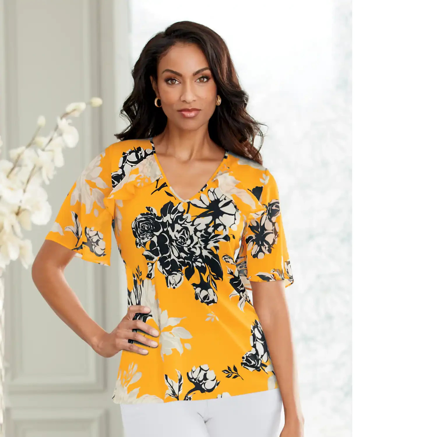 Sz L Monroe & Main Yellow Black Dinner Date Church Party Cecile Floral Tunic Top
