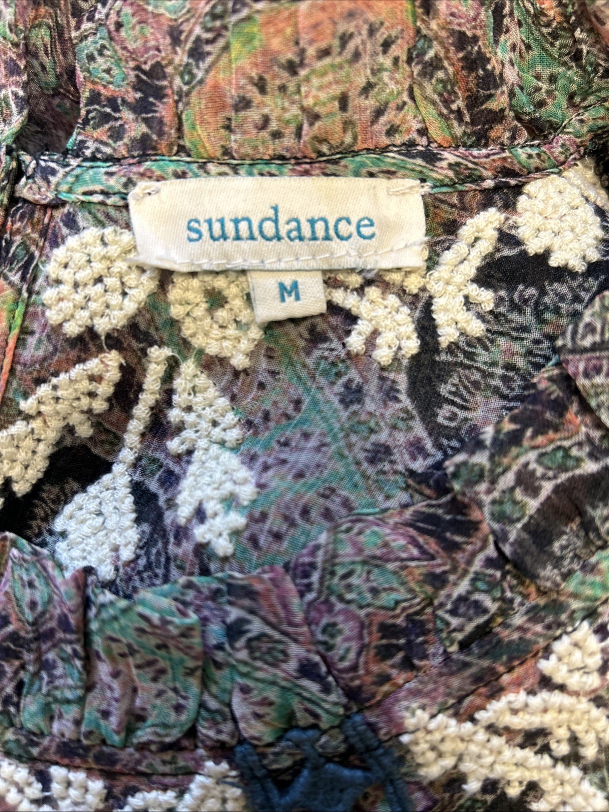 Sundance Boho Victorian Charms Sheer Embroidered Lace Blouse Purple Cottagecore