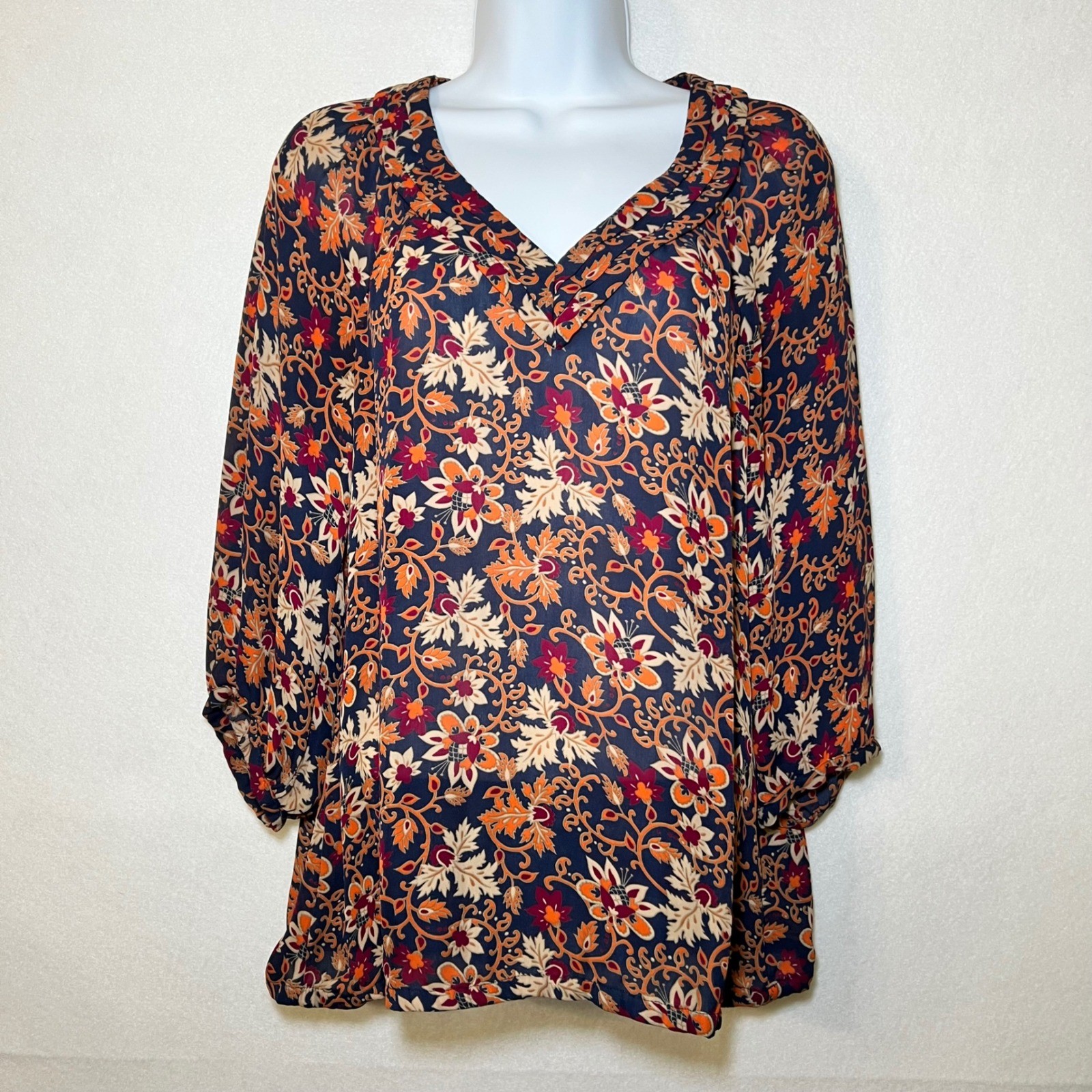 Banana Republic Womens Floral Whimsigoth 70s Bohemian V-Neck Top Navy Orange S