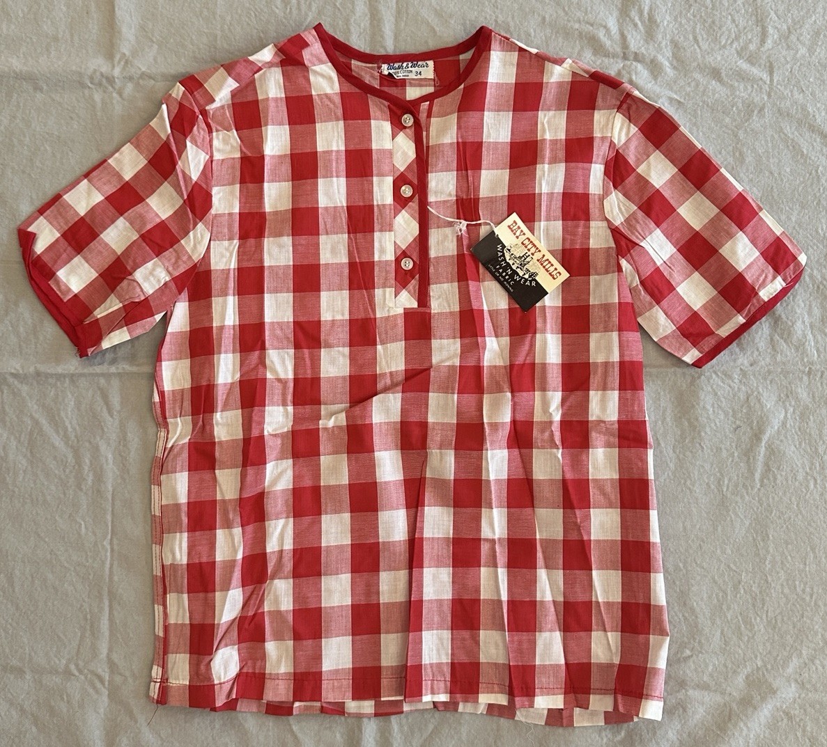 Vintage 50s Bay City Mills Red Gingham Cotton Blouse Sz 38 NOS Wash ’N Wear USA