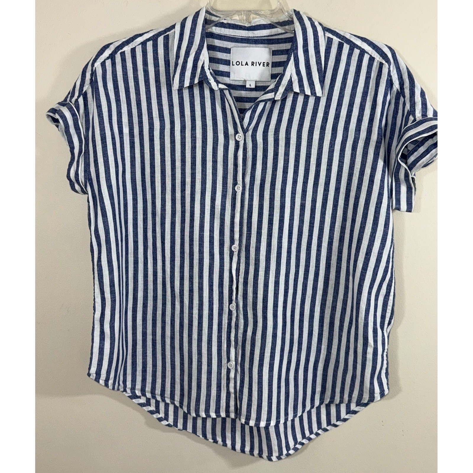Lola River Linen Blend Blouse Women L Blue White Coastal Resort Stripe Beach