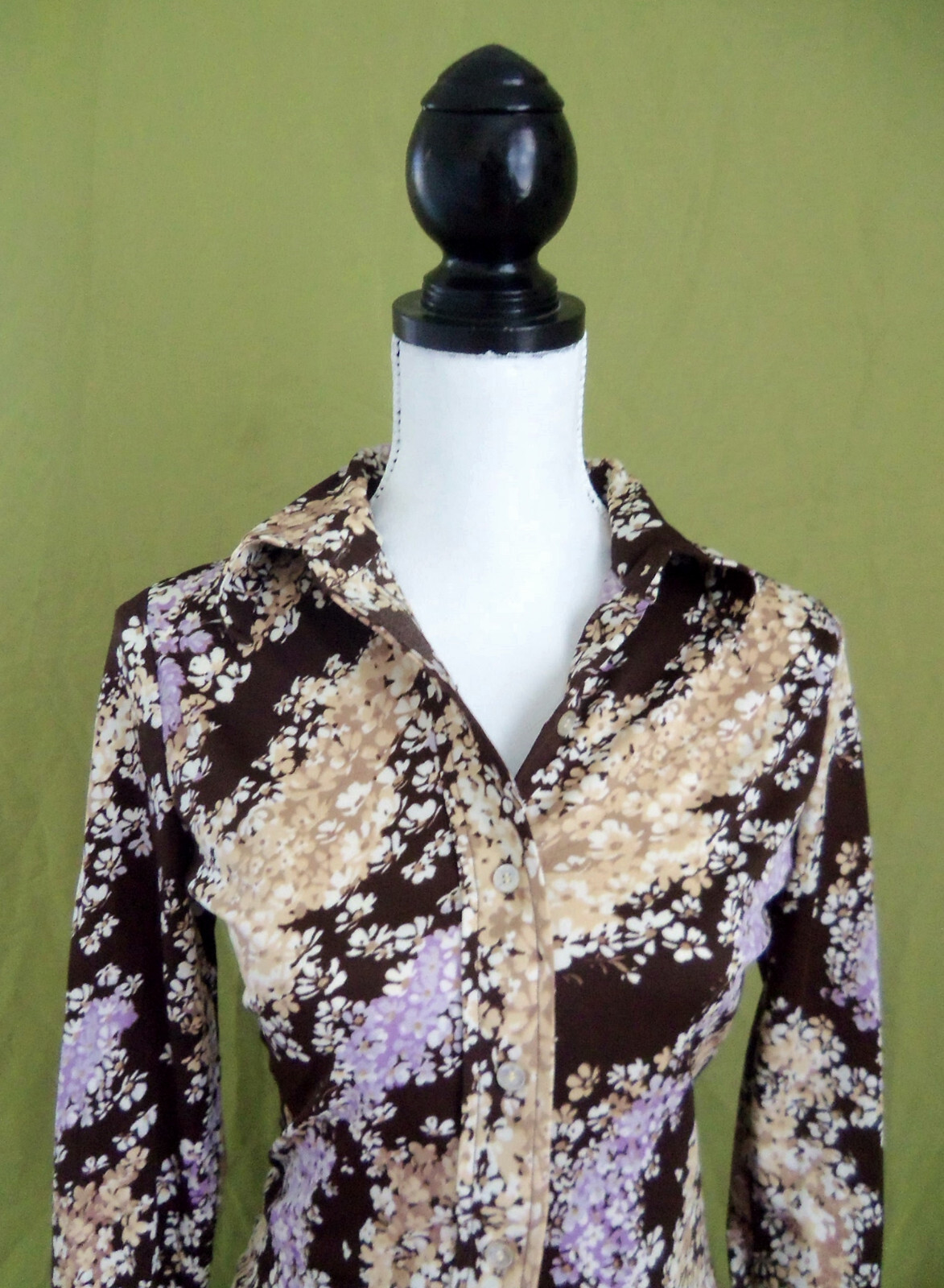 1970s unique earth tone floral print polyester blouse. No tags.