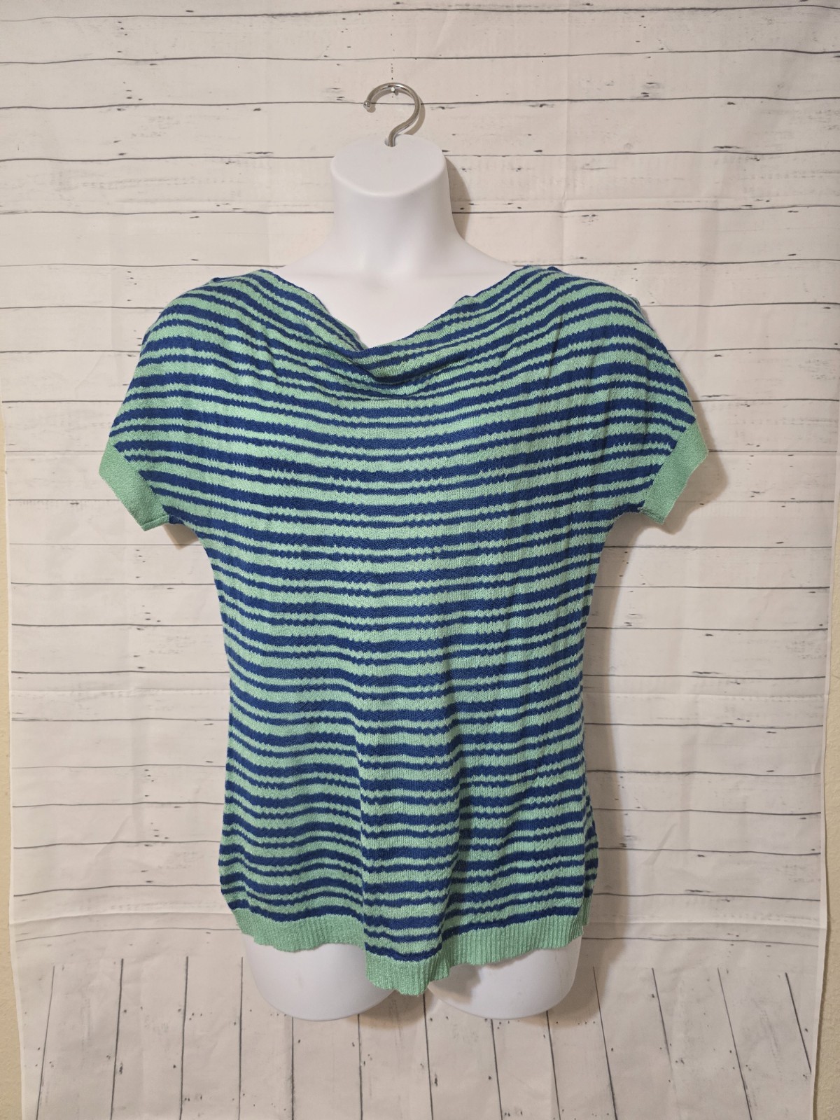 Women’s The Limited Blue Green Striped Cowl Neck Thin Knit Top, XL