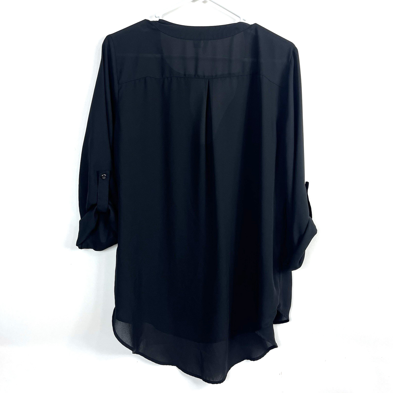 Cato’s Women’s Solid Black Sheer 3/4 Roll Tab Sleeve Blouse Round Split Neck L