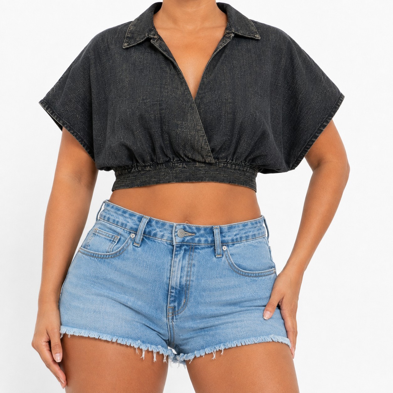 Zenana Surplice Crop Top Womens Medium Black Acid Wash Elastic Hem Dolman Sleeve