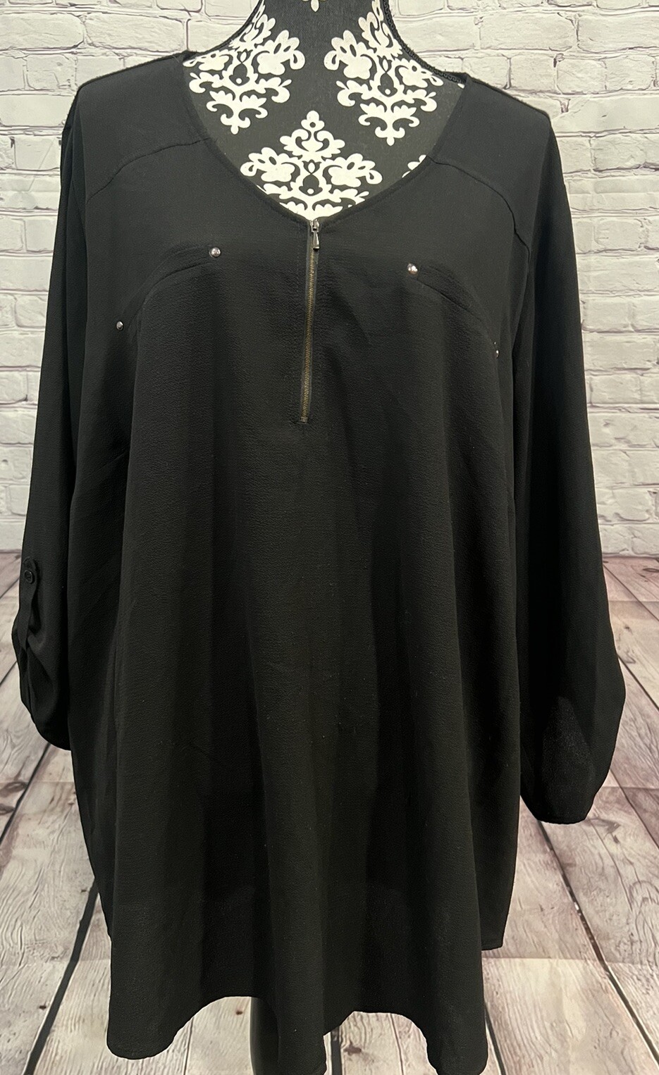 Alyx Women’s Black V-Neck Quarter Zip Tab 3/4 Sleeves Pullover Blouse Tunic 3X
