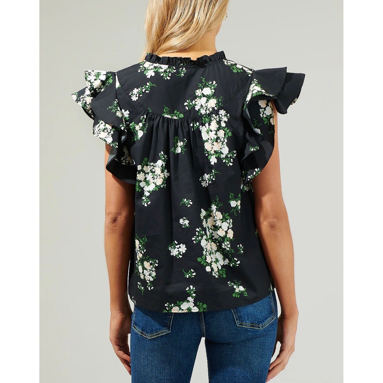 Sugarlips Black Emery Floral Split Neck Ruffle Sleeve Cotton Top Medium Womens