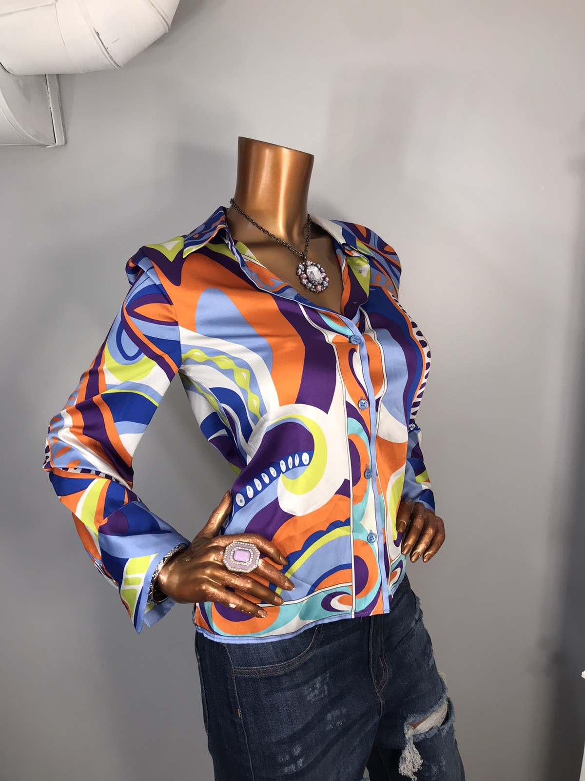 Zara S Top Soft Silky Satin Button Up Shirt Blouse Soft Satin Silky Geometric
